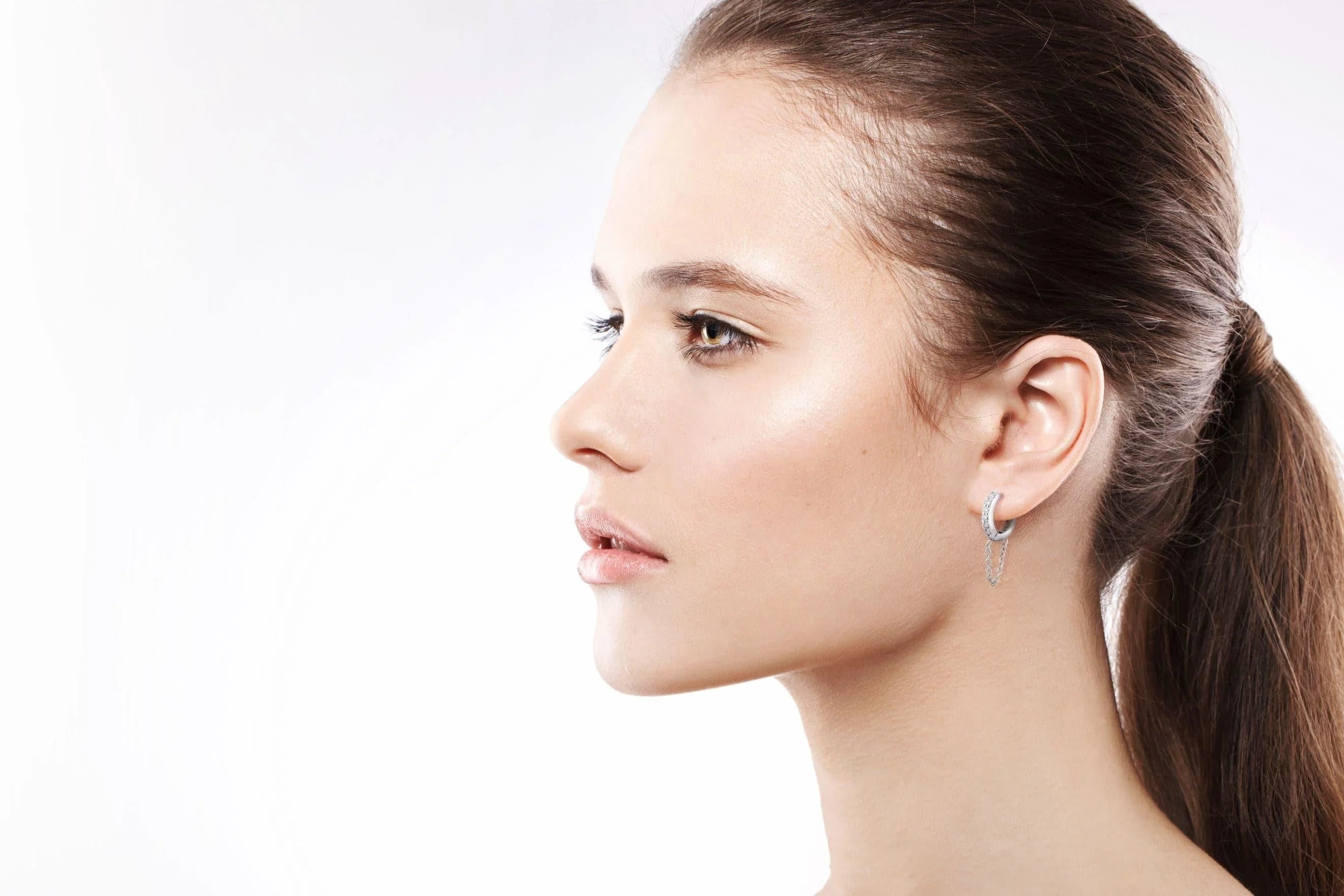 12.5mm Diamond And White 14K Gold Huggies With Chain