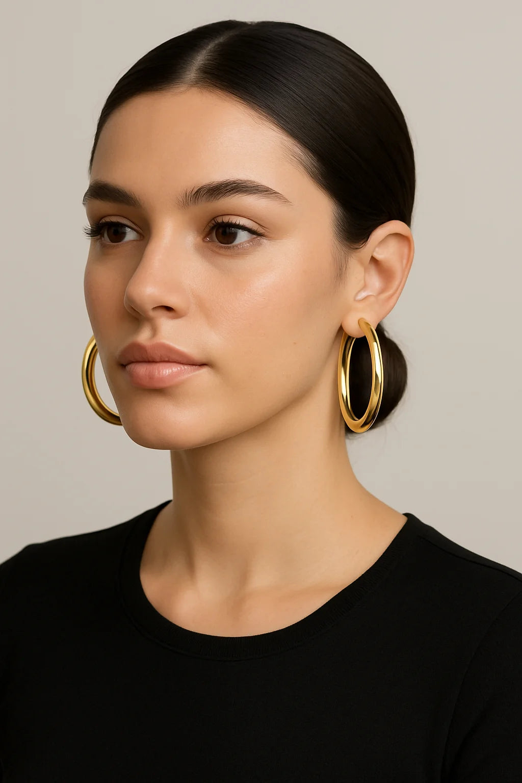 Woman wearing polished gold 2-inch Kelly Hoops earrings