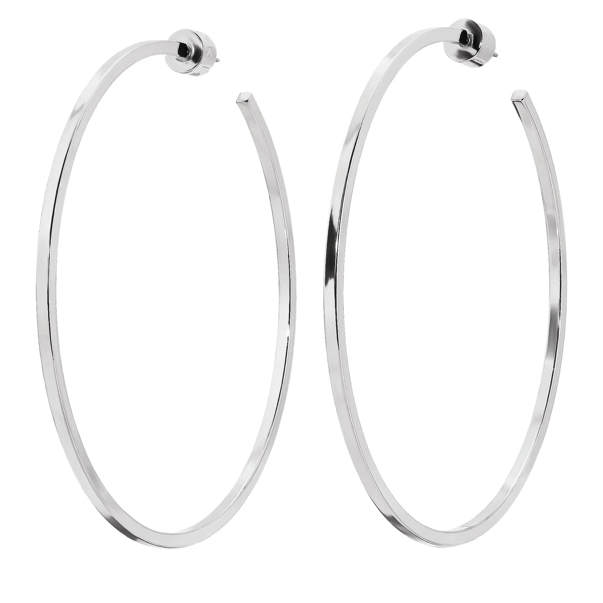 Shiny silver 3-inch Ava Hoops earrings shown in this stylish jewelry pic