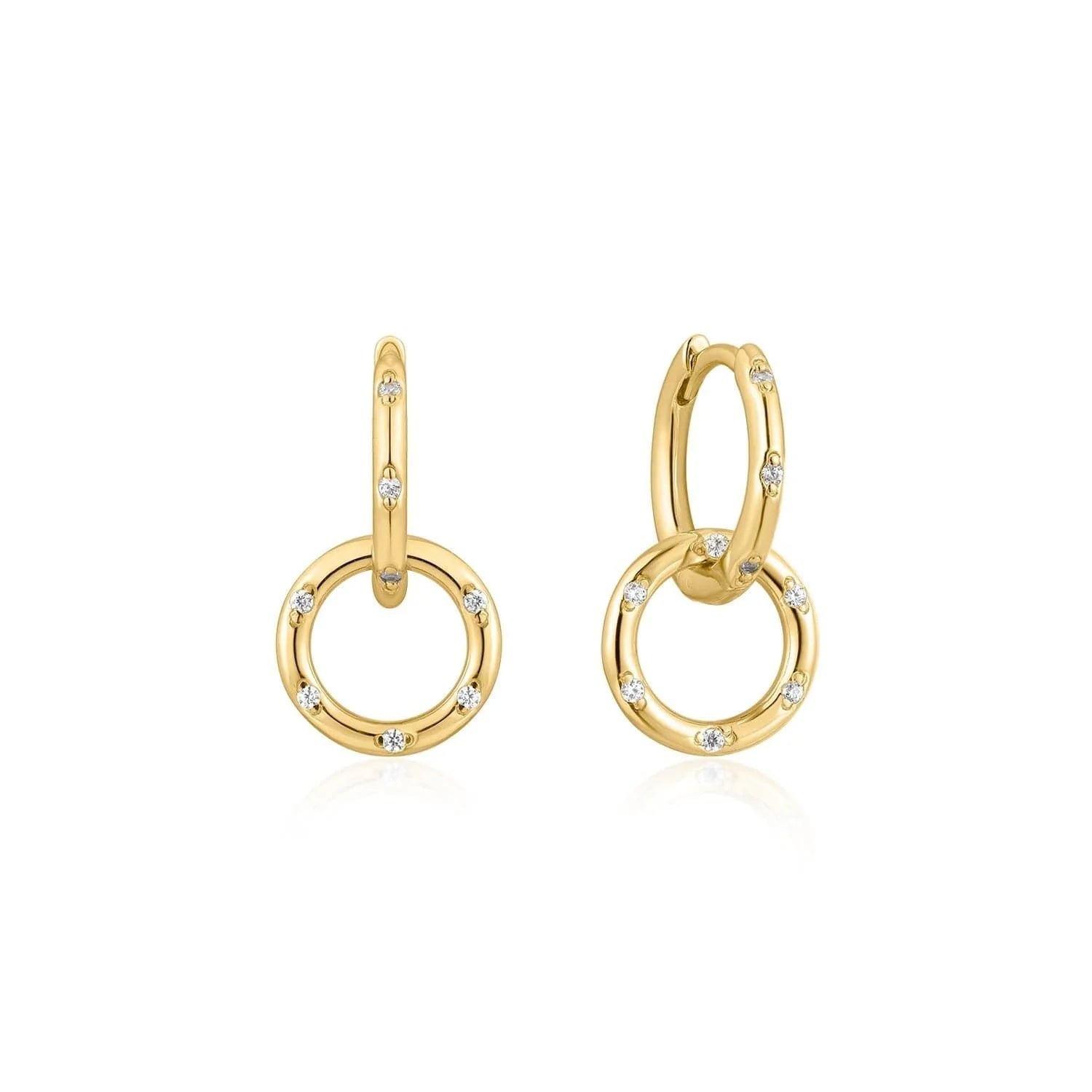 Gold hoop earrings with embedded diamonds in CZ Huggie Hoops With Circle Drop product