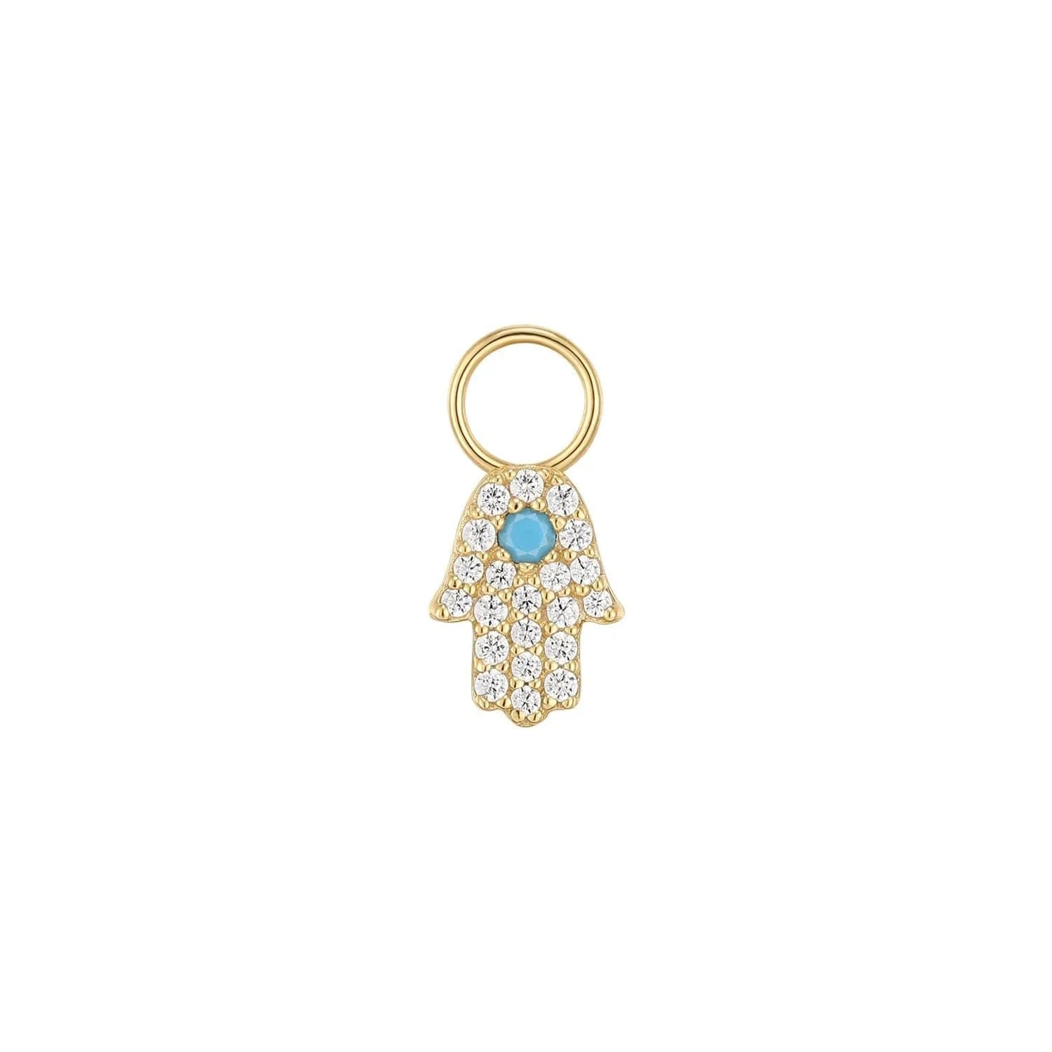 Gold Hamsa charm with turquoise center on CZ & Turquoise Hamsa Hoop Charm product