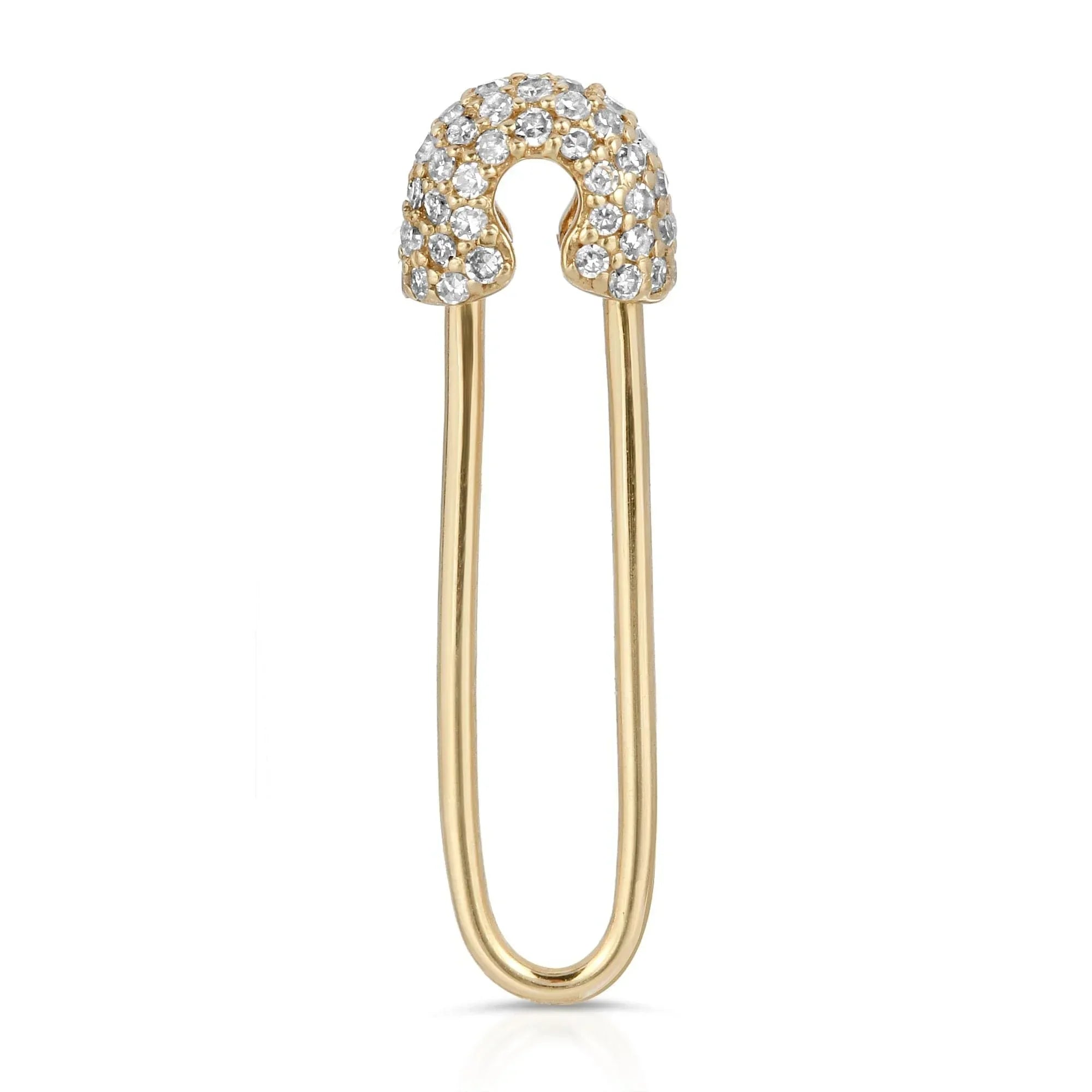 Gold safety pin earring with diamond embellishments, perfect for classy style