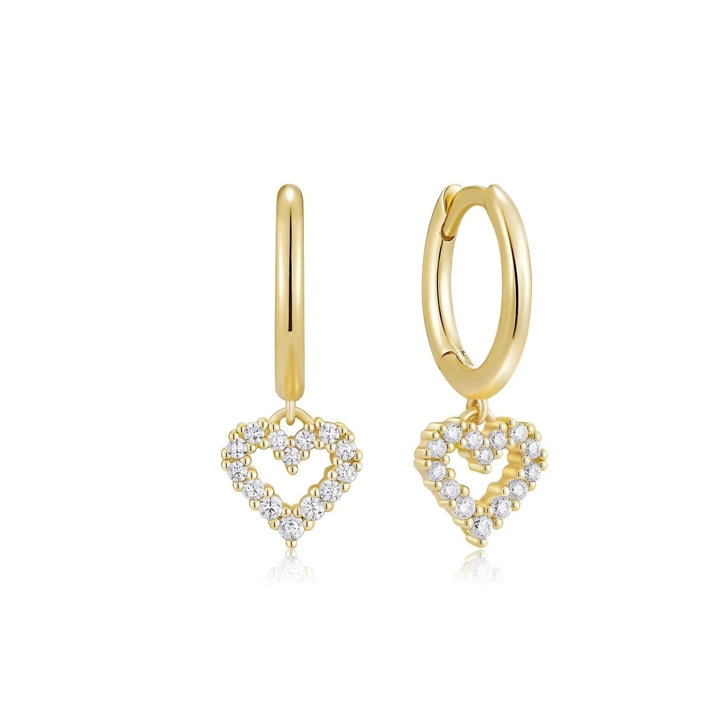 Gold huggie hoops with heart-shaped diamond pendants for a cute sparkle look