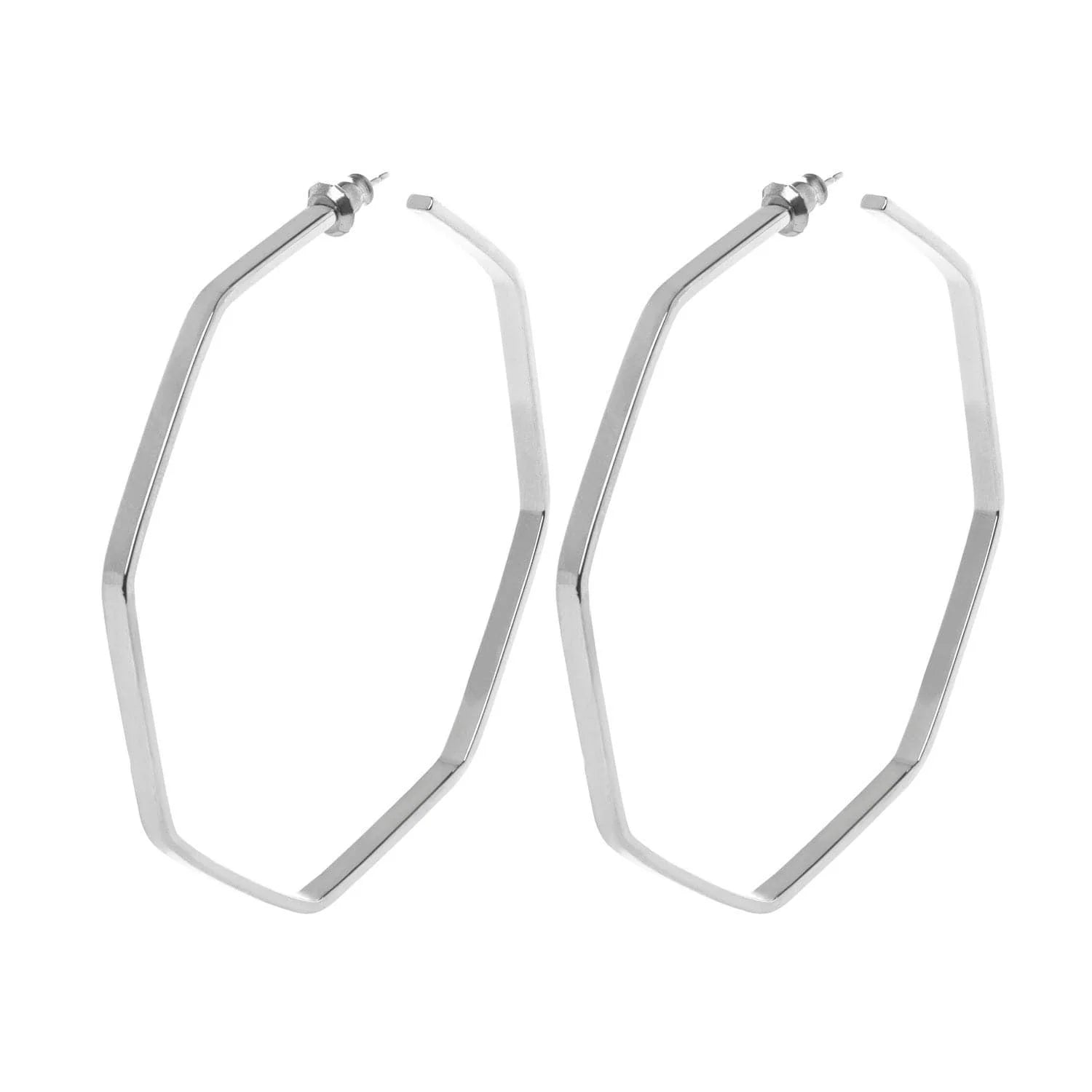 Silver geometric hoop earrings from Jerry Hoops perfect for a modern look