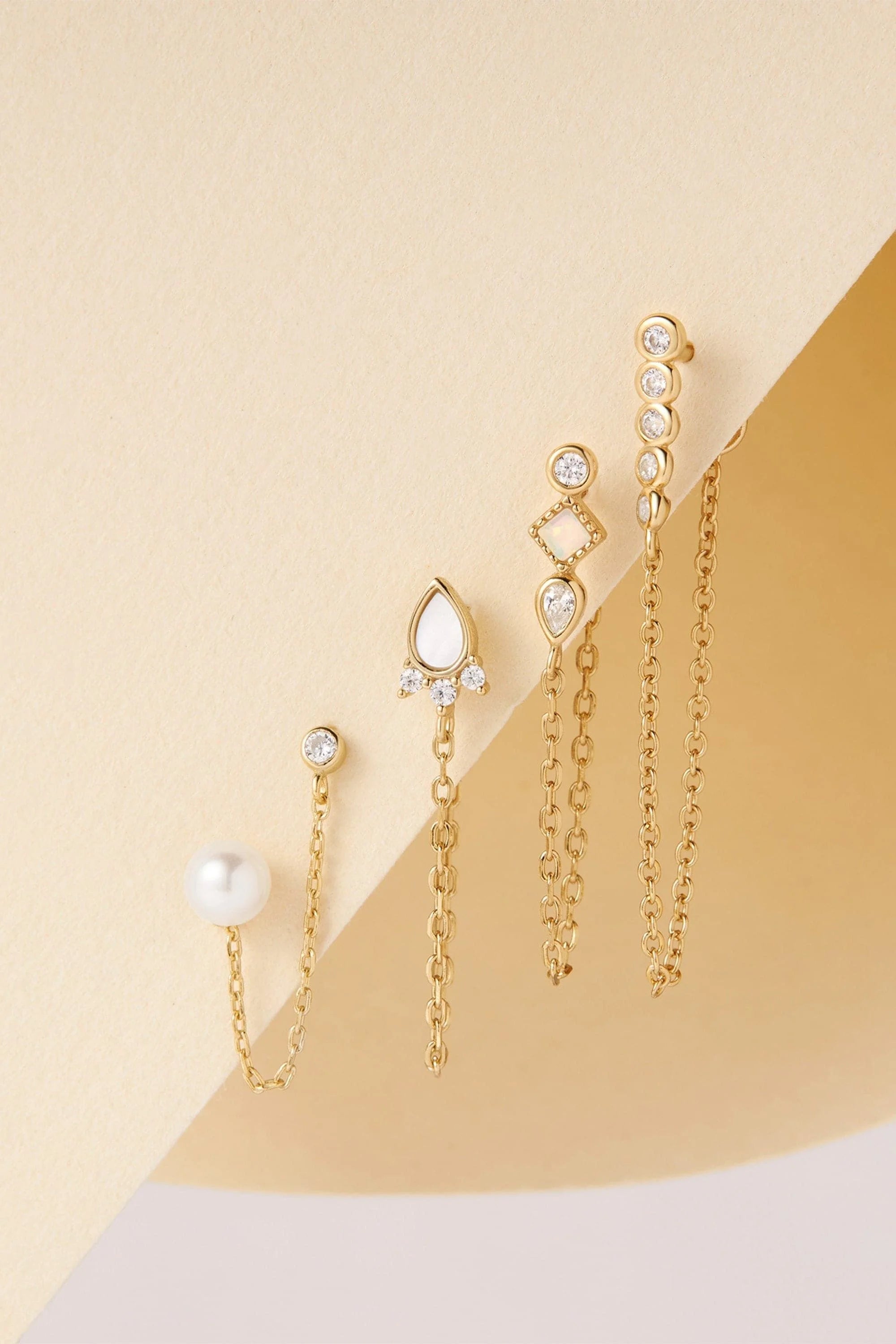 Gold-toned Multi CZ Chain Link Drop Earrings with Pearls Mother-of-Pearl and Gemstones