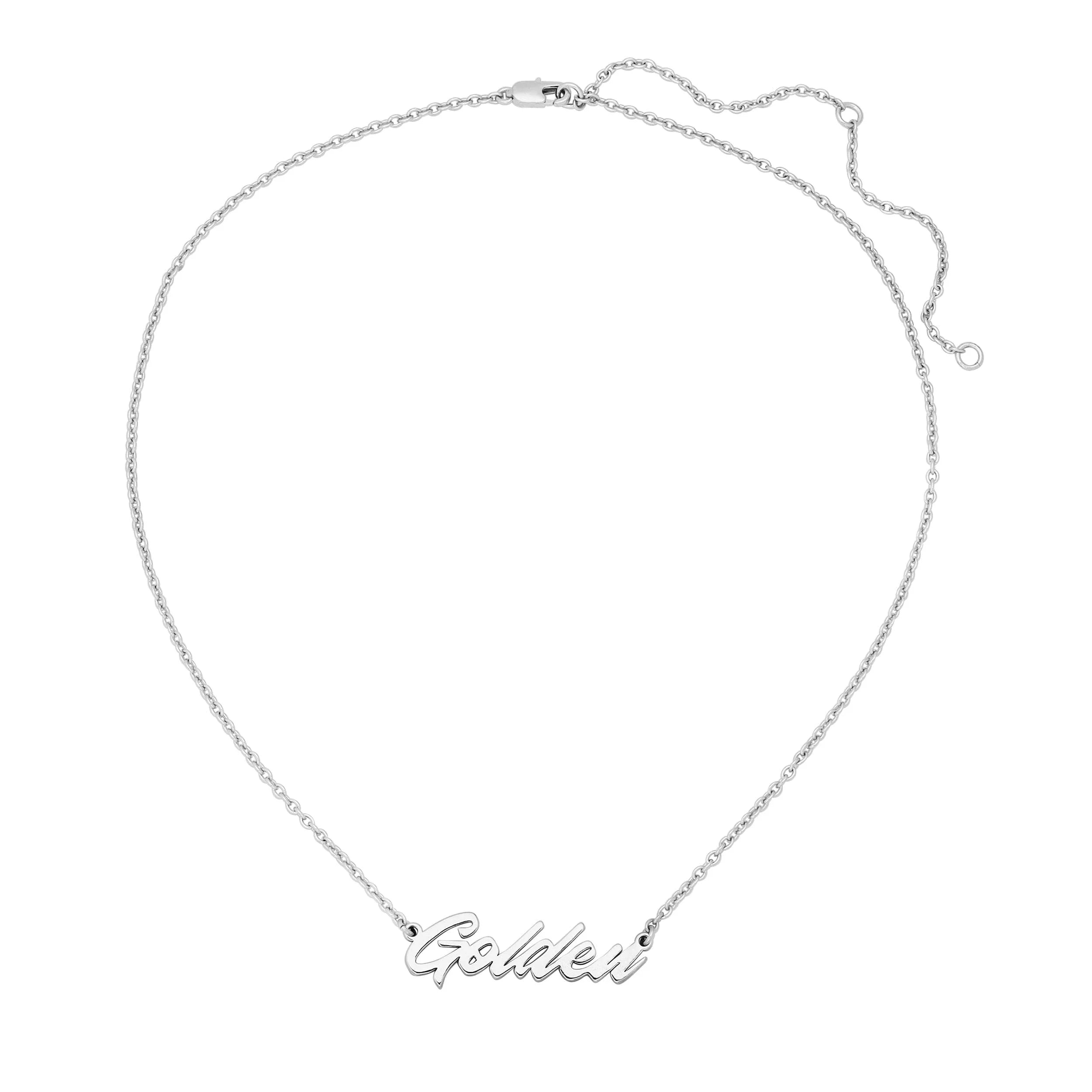 Silver and golden nameplate necklace displayed on the Golden Necklace product page