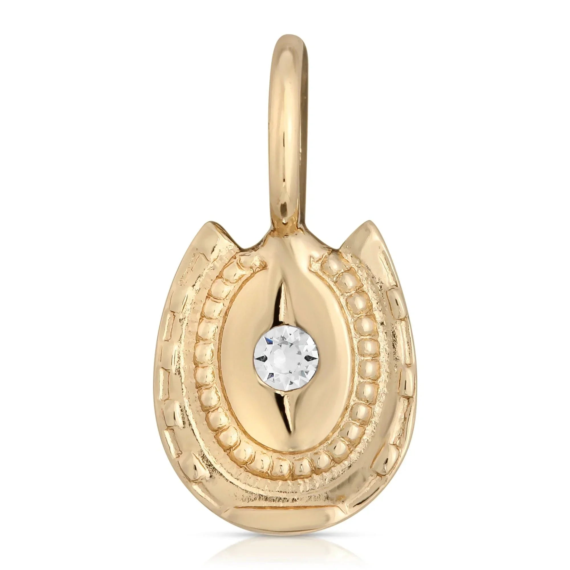 Harlow Charm gold horseshoe pendant with a shiny gemstone centerpiece