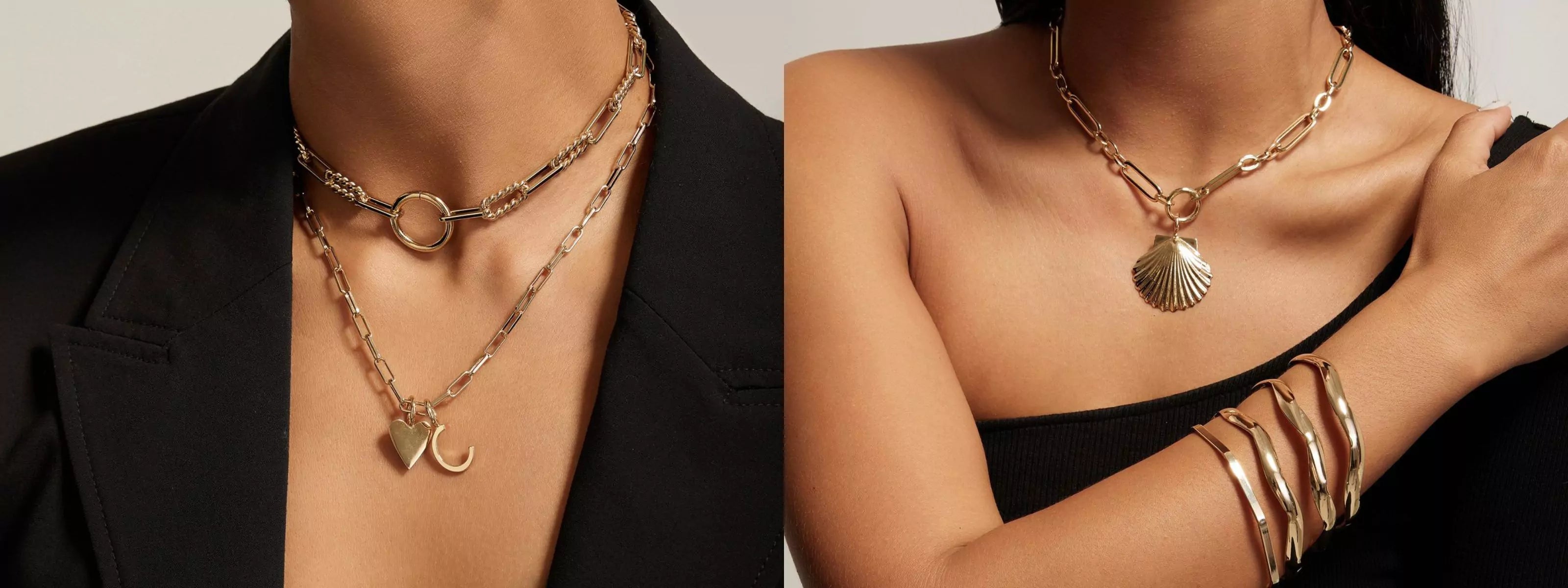 Two images showing a woman wearing gold chain necklaces; left: layered with a circle, heart, and crescent pendants, right: large chain with a seashell pendant. She also wears gold bangles.