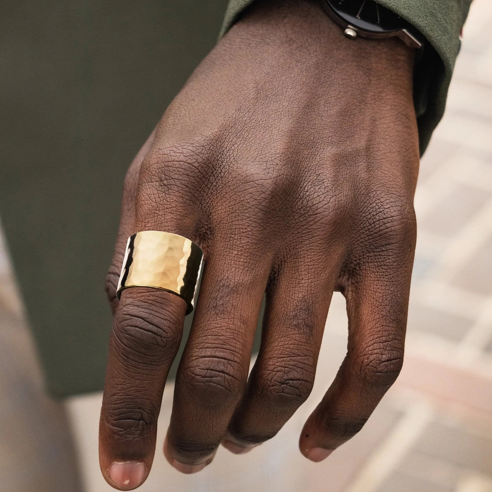 Gold hammered ring from Men’s Hammered Wide Ring collection, stylish and bold jewelry