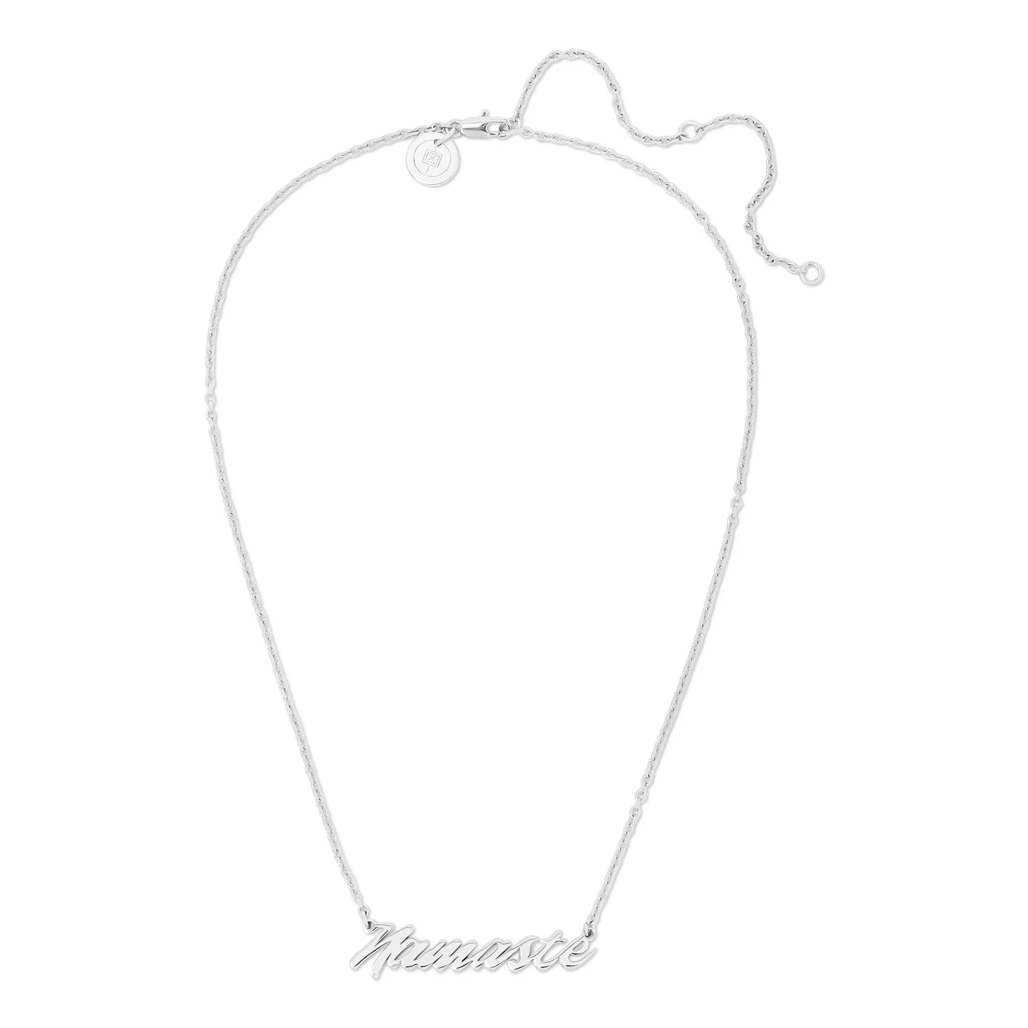 Silver Namaste Script Necklace displayed in a stylish jewelry product image