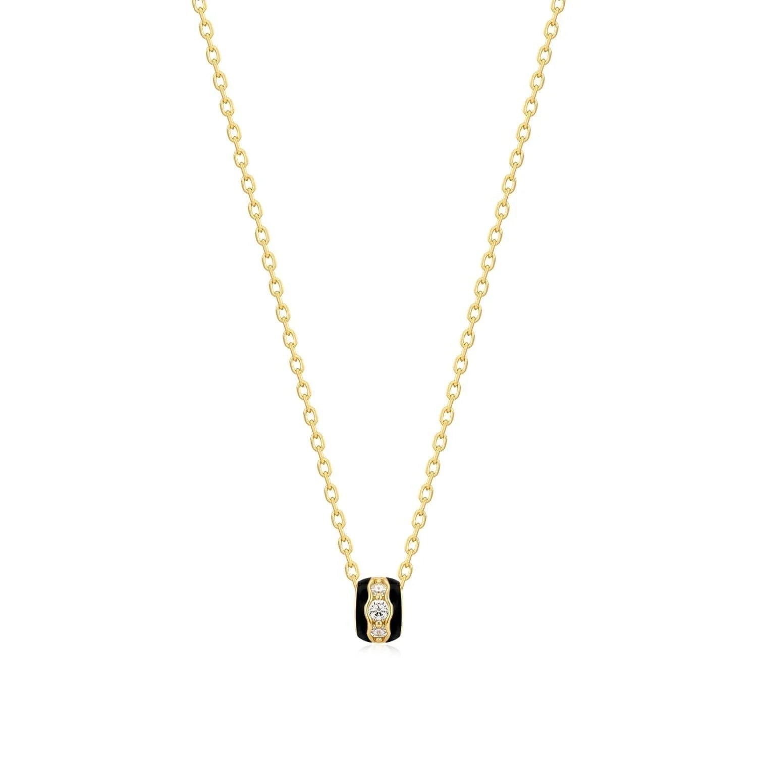 Gold chain necklace with black enamel and diamond pendant, called Black Enamel & CZ Channel Rondelle Necklace