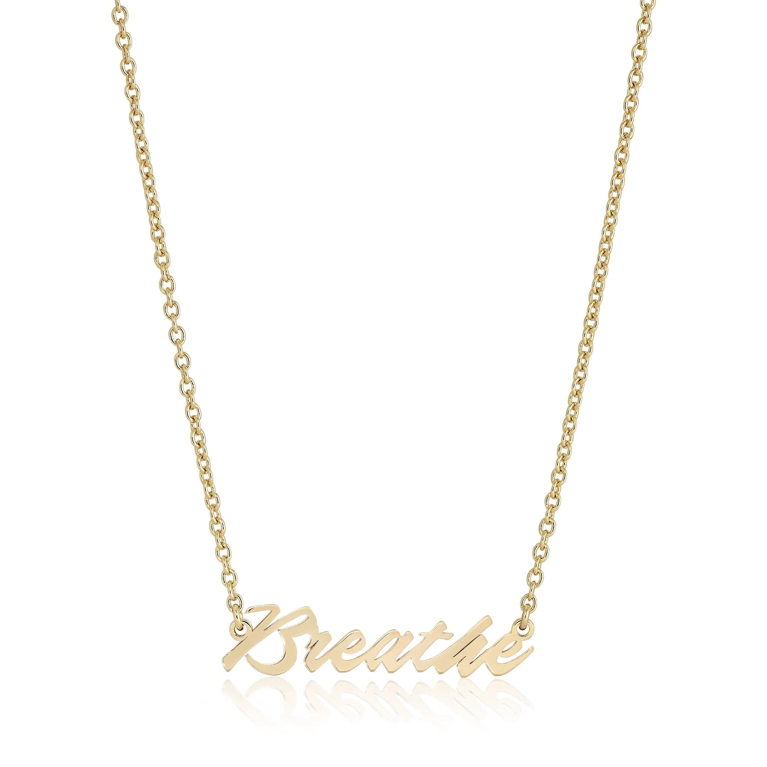 Shiny Gold Breathe Necklace hanging stylishly on a chain for your everyday look