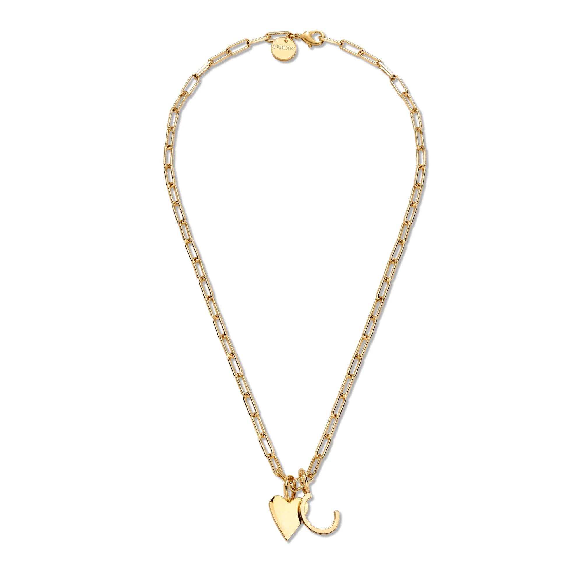 Gold-plated paper clip chain necklace with heart and initial C charms for Cara Charm Necklace