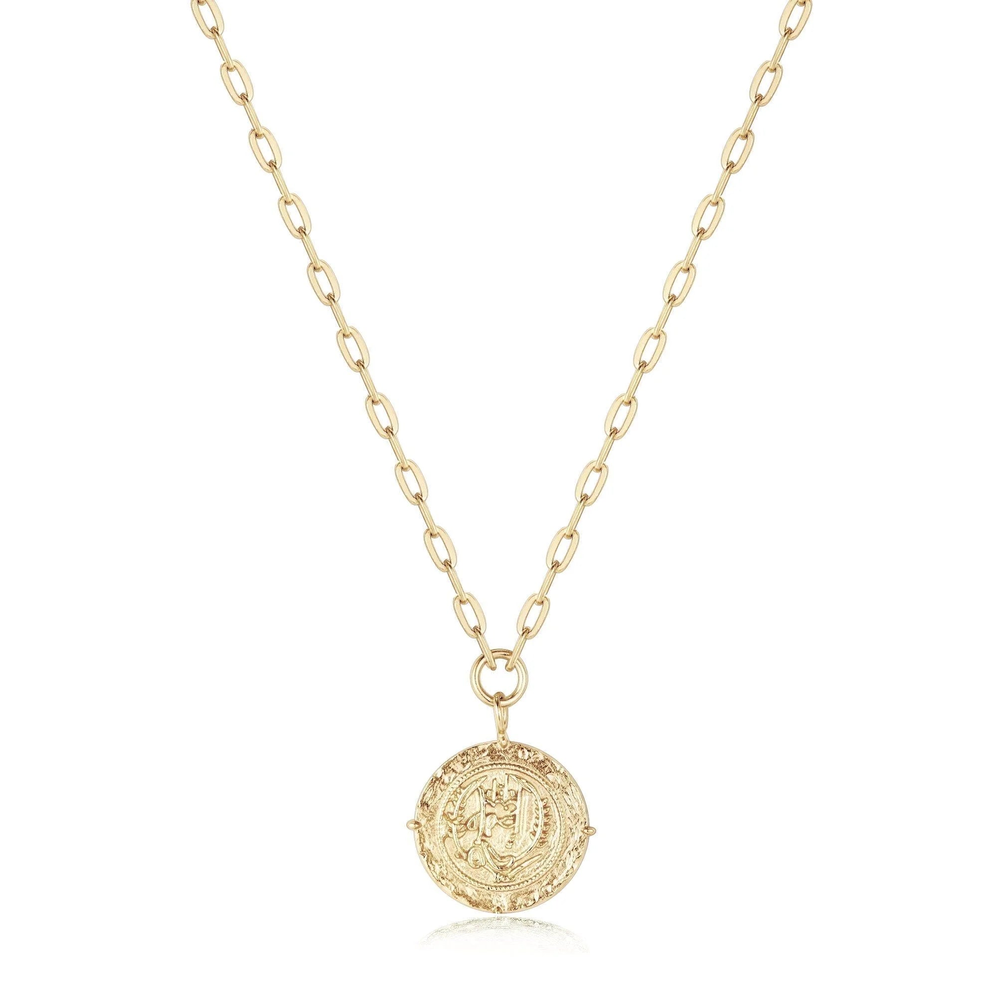 Gold chain necklace with a coin pendant, perfect for a stylish look