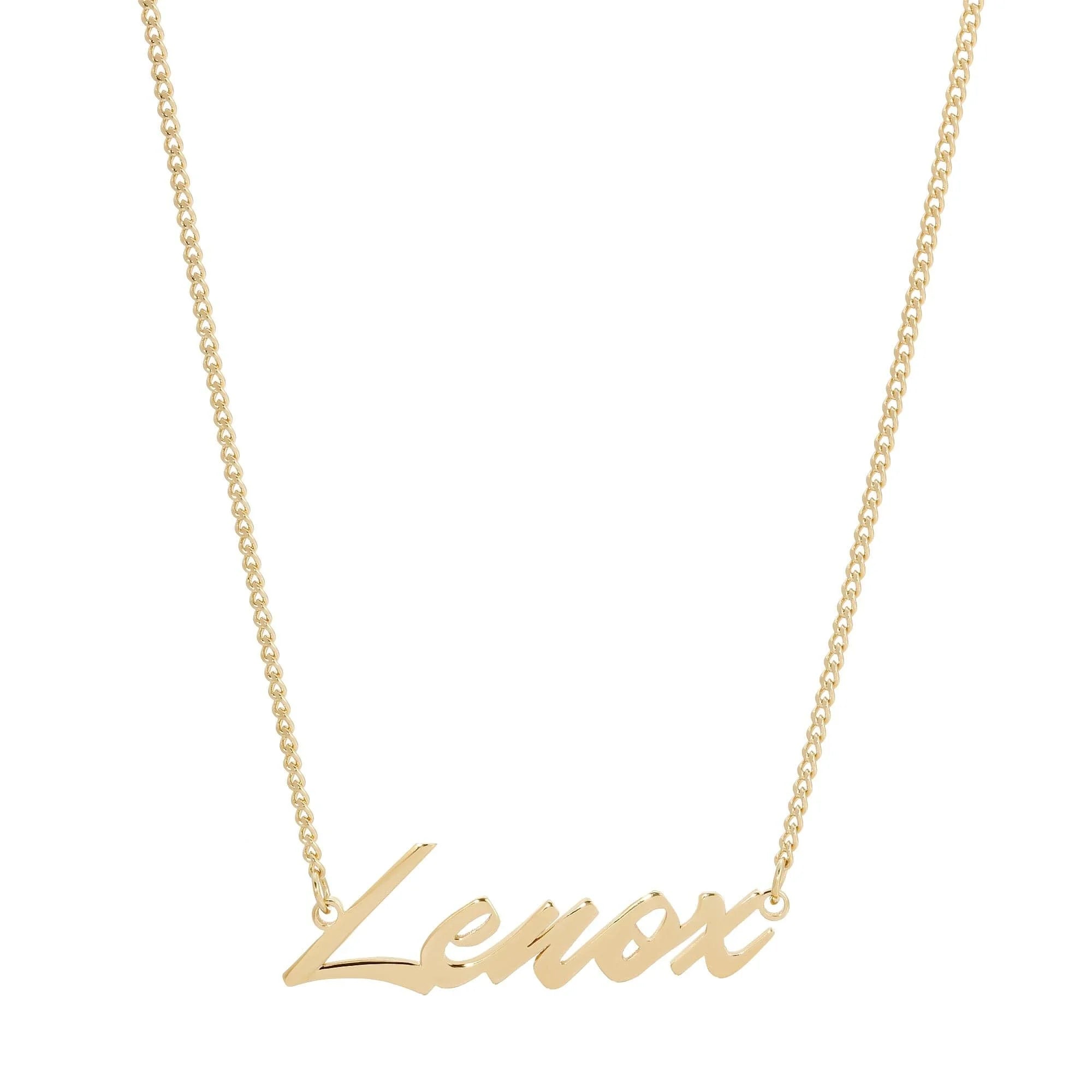 Gold Lenox nameplate necklace from the Custom Script Nameplate collection