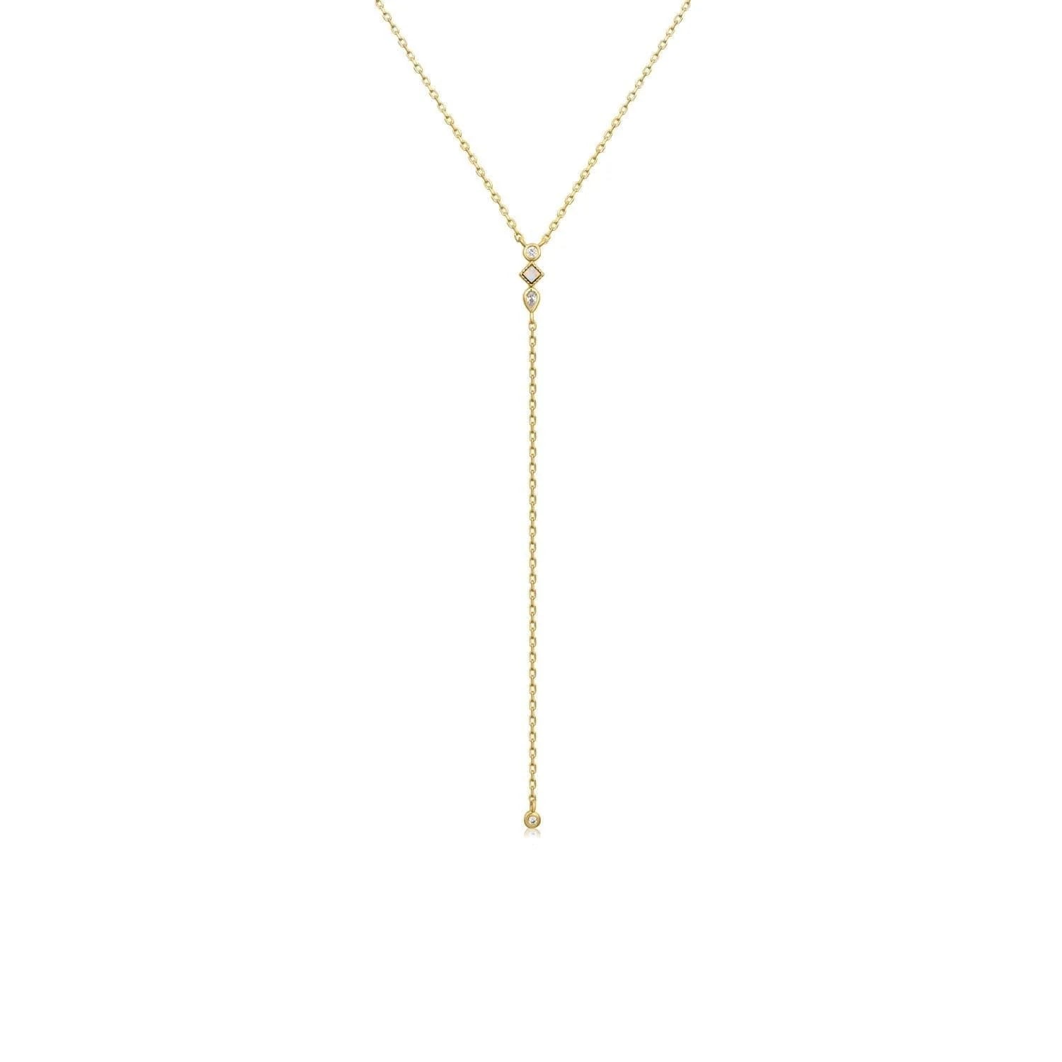 Gold Y-shaped chain necklace with diamond accents from CZ & Opal Thin Chain Lariat