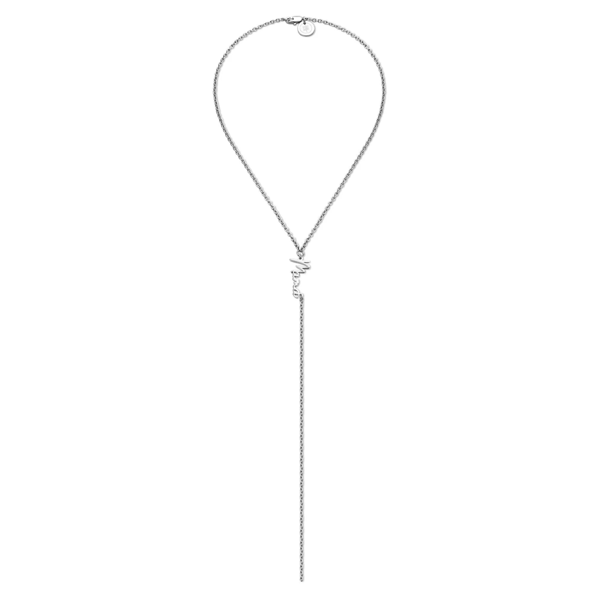 Silver-toned Dainty Script Mama Lariat Necklace with vertical pendant for moms