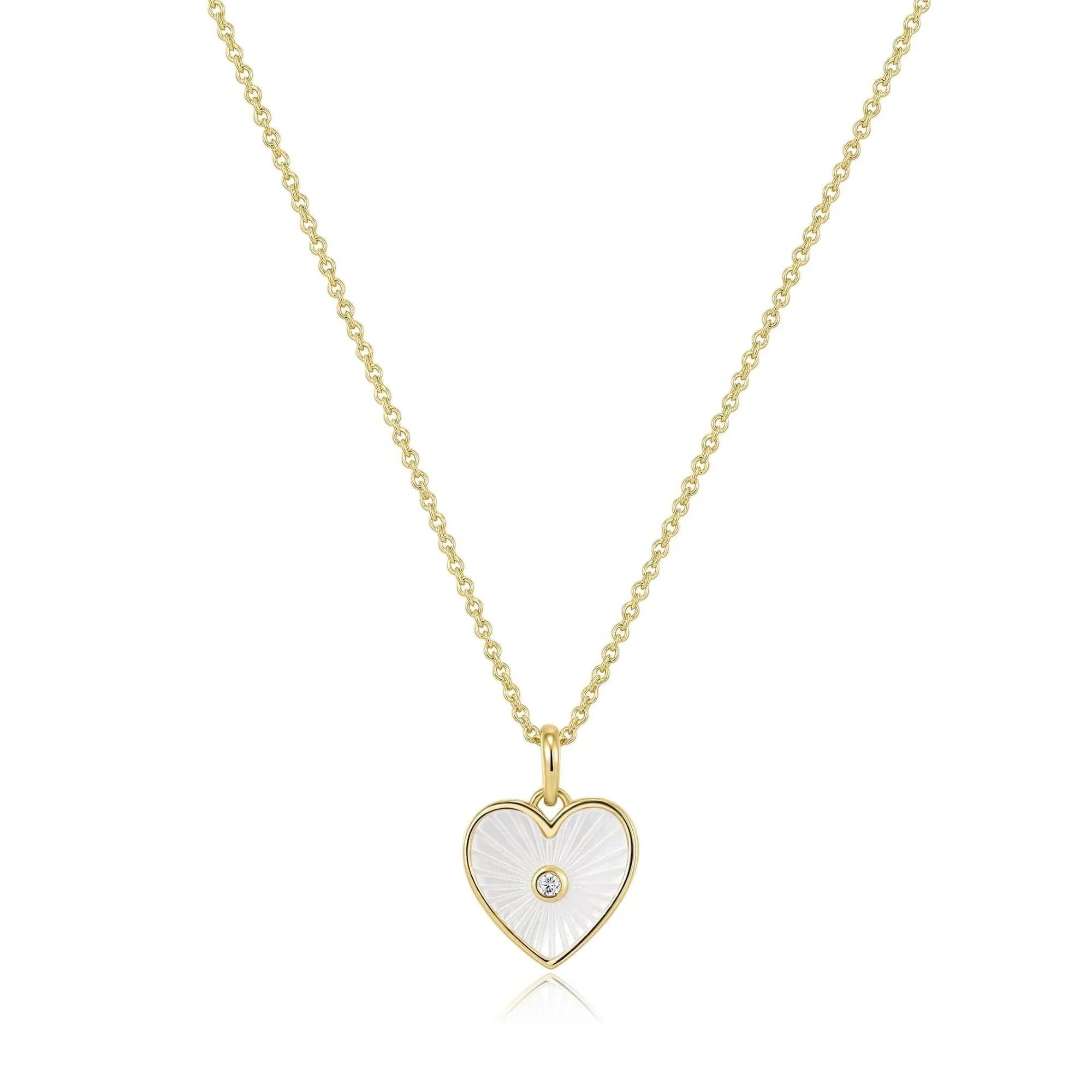 Gold chain necklace with a white heart pendant and CZ stones from Heart Shaped Mop Pendant collection