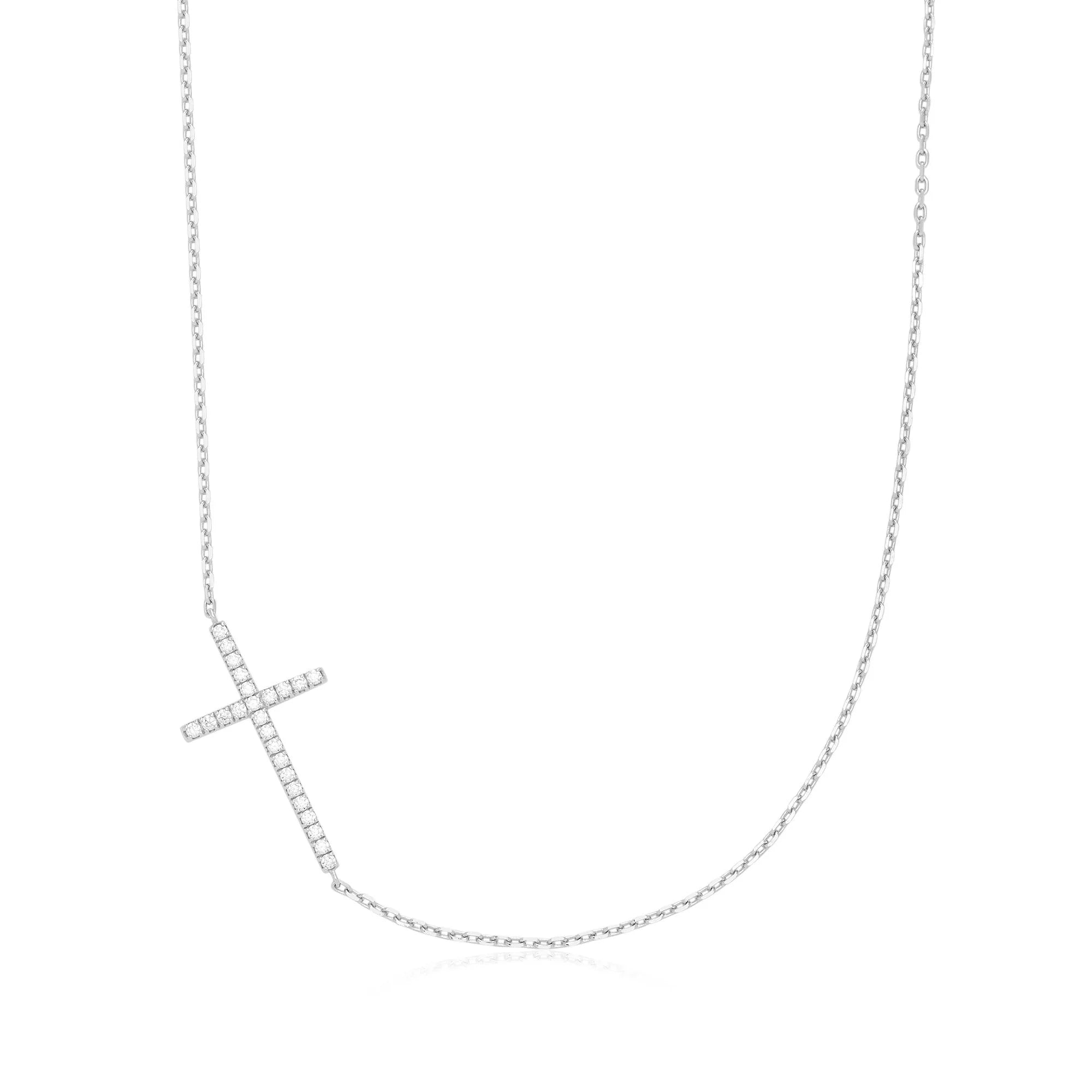 Horizontal CZ Cross Necklace - Rhodium Plated Sterling Silver