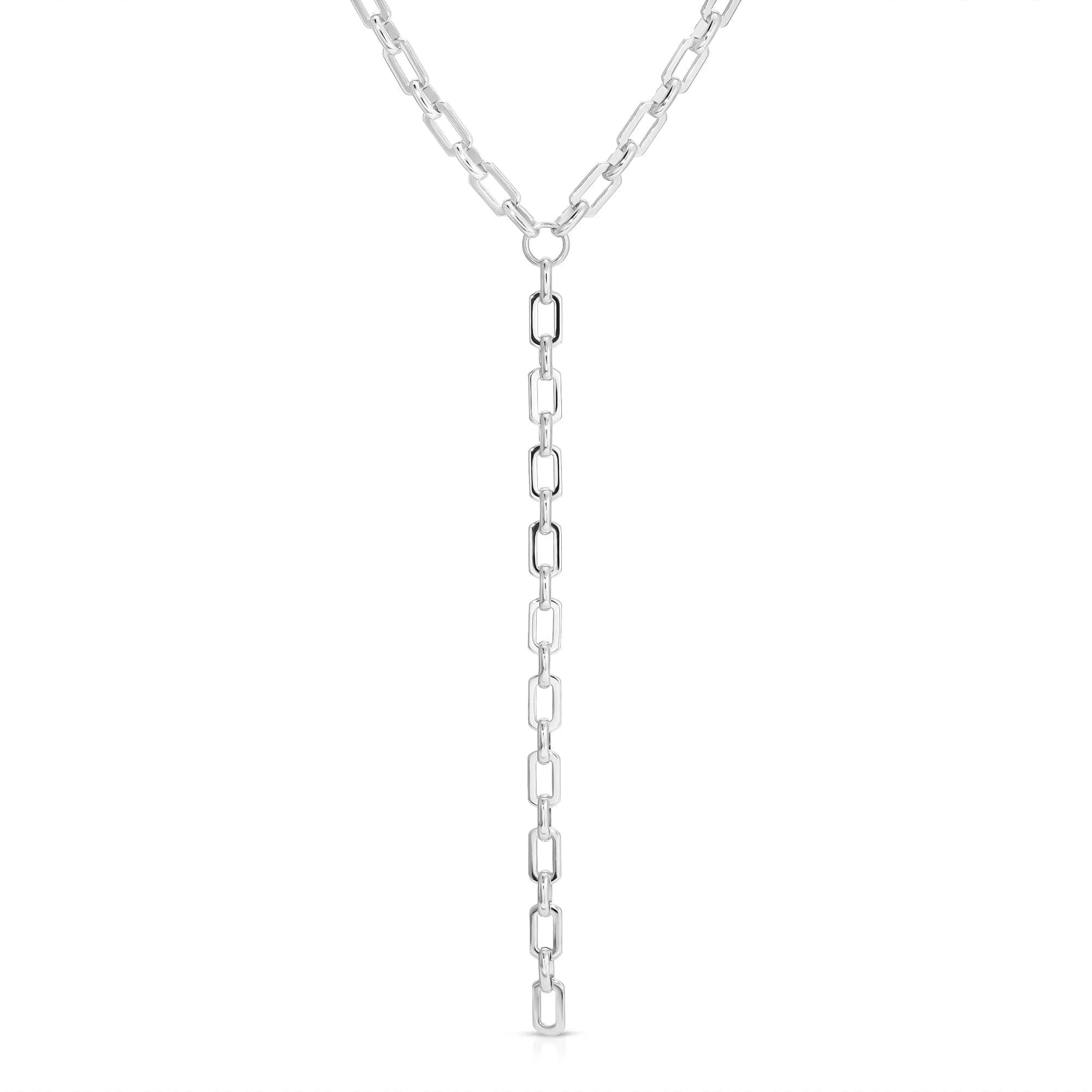 Silver chain Y-necklace from Liv Lariat product line, stylish and trendy jewelry piece