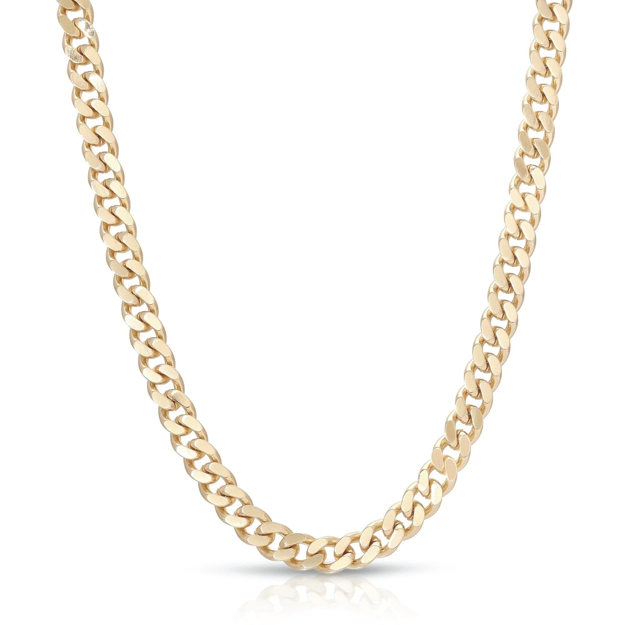 Gold curb chain necklace for men showing off shiny micro link design
