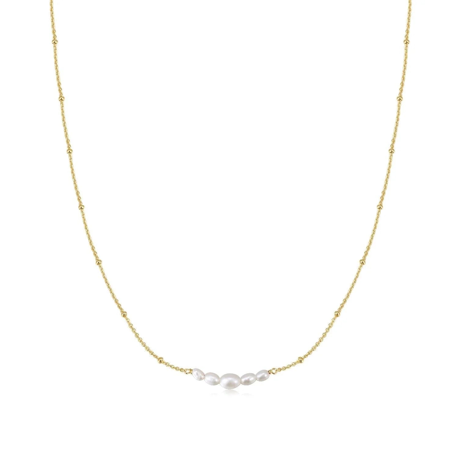 Gold chain with delicate pearls and beads in the Micro Clustered Pearl & Bead Necklace