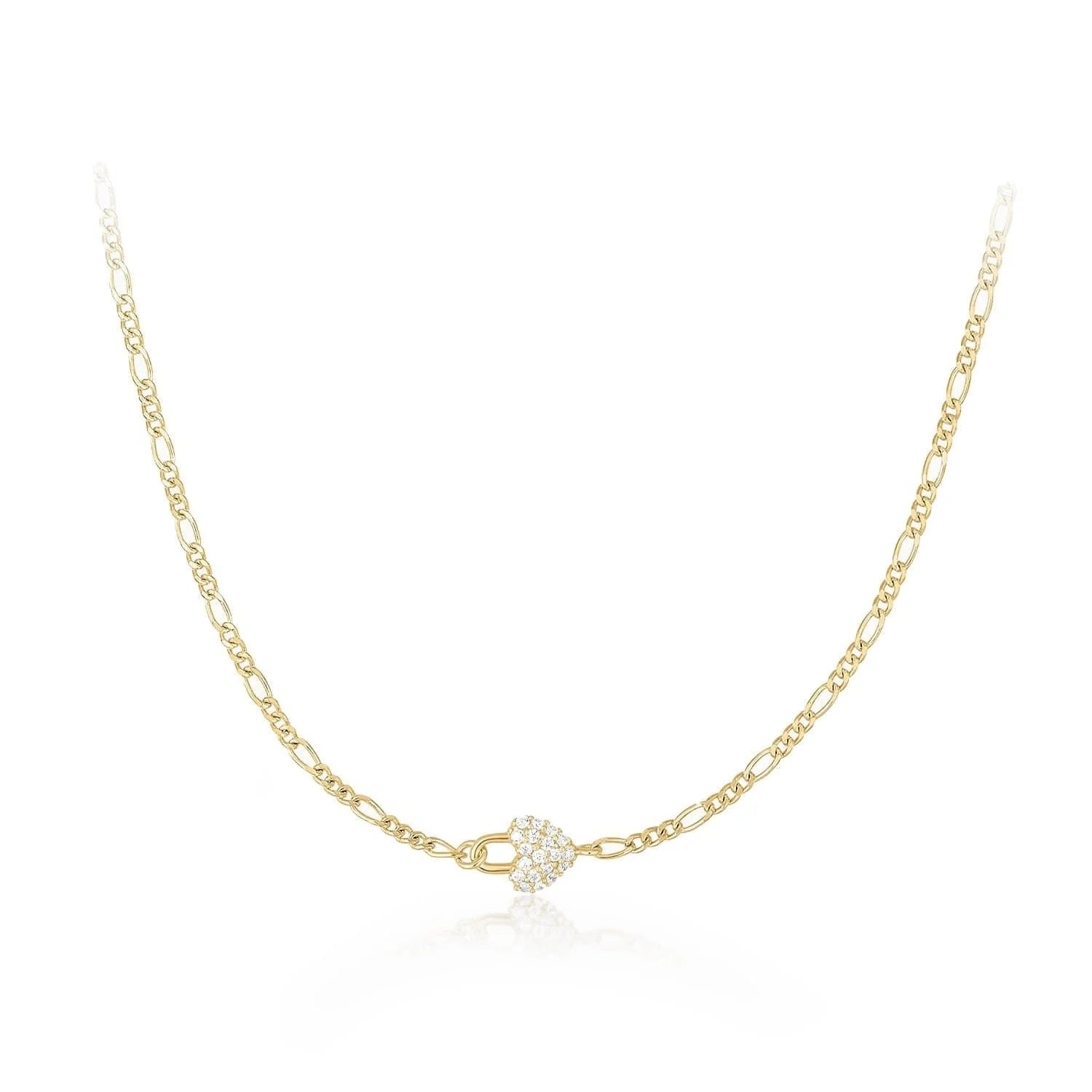 Delicate gold figaro chain necklace with pavé-set heart-shaped clasp for Micro CZ Horizontal Heart Pendant Necklace