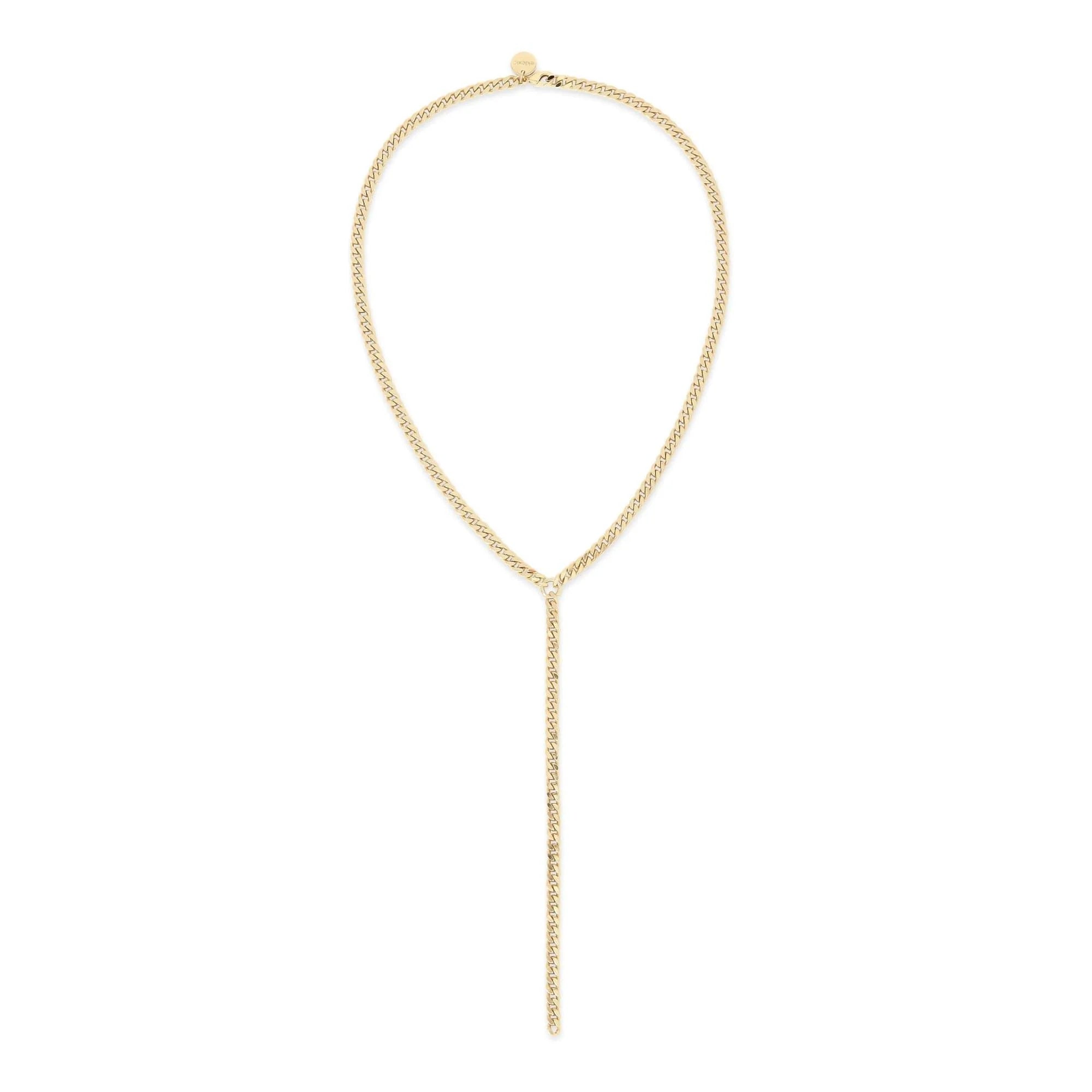 Gold-toned Y-shaped Chain Necklace displayed on Micro Link Curb Chain Lariat