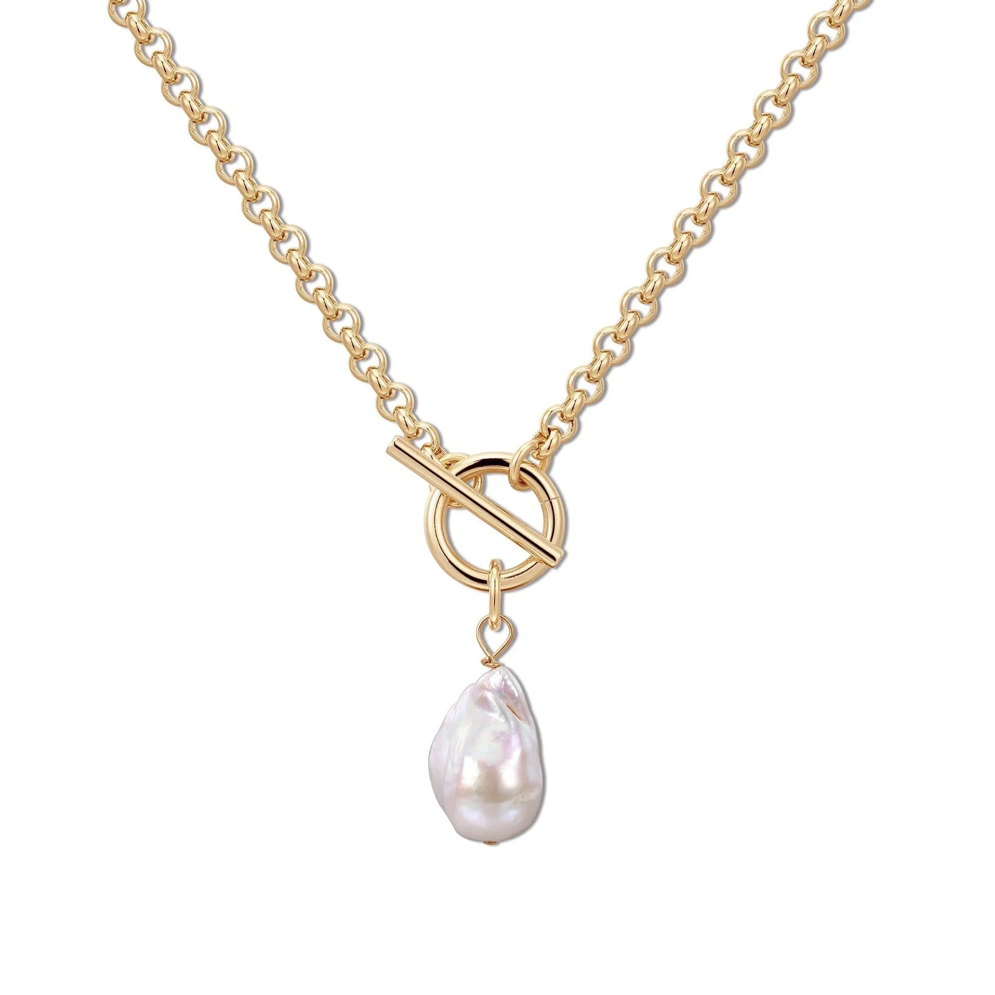 Gold chain necklace with baroque pearl pendant from Micro Royal Toggle & XL Baroque Pearl Pendant Necklace