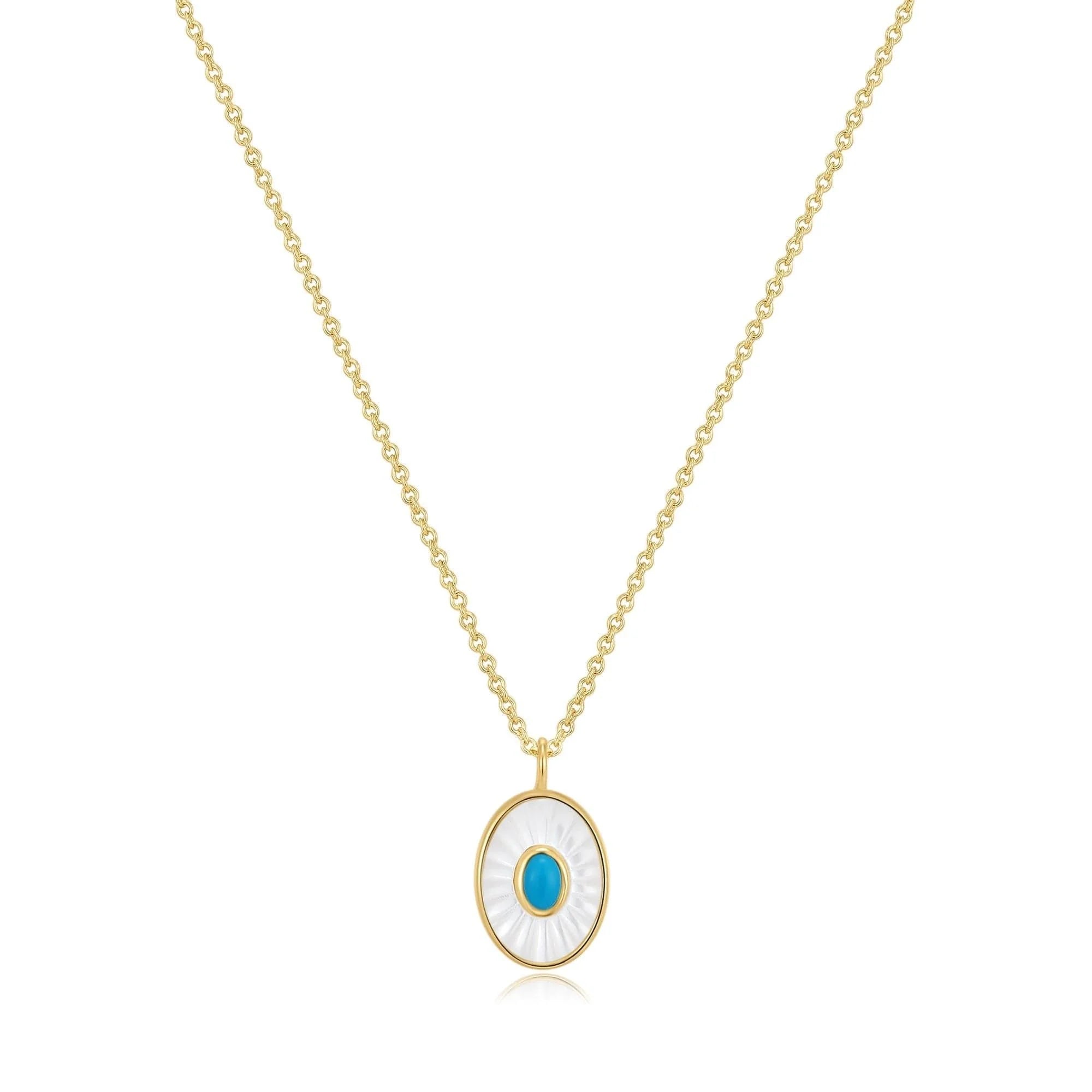 Gold chain necklace with oval pendant featuring Turquoise Stone from Oval Shaped Mop Pendant collection