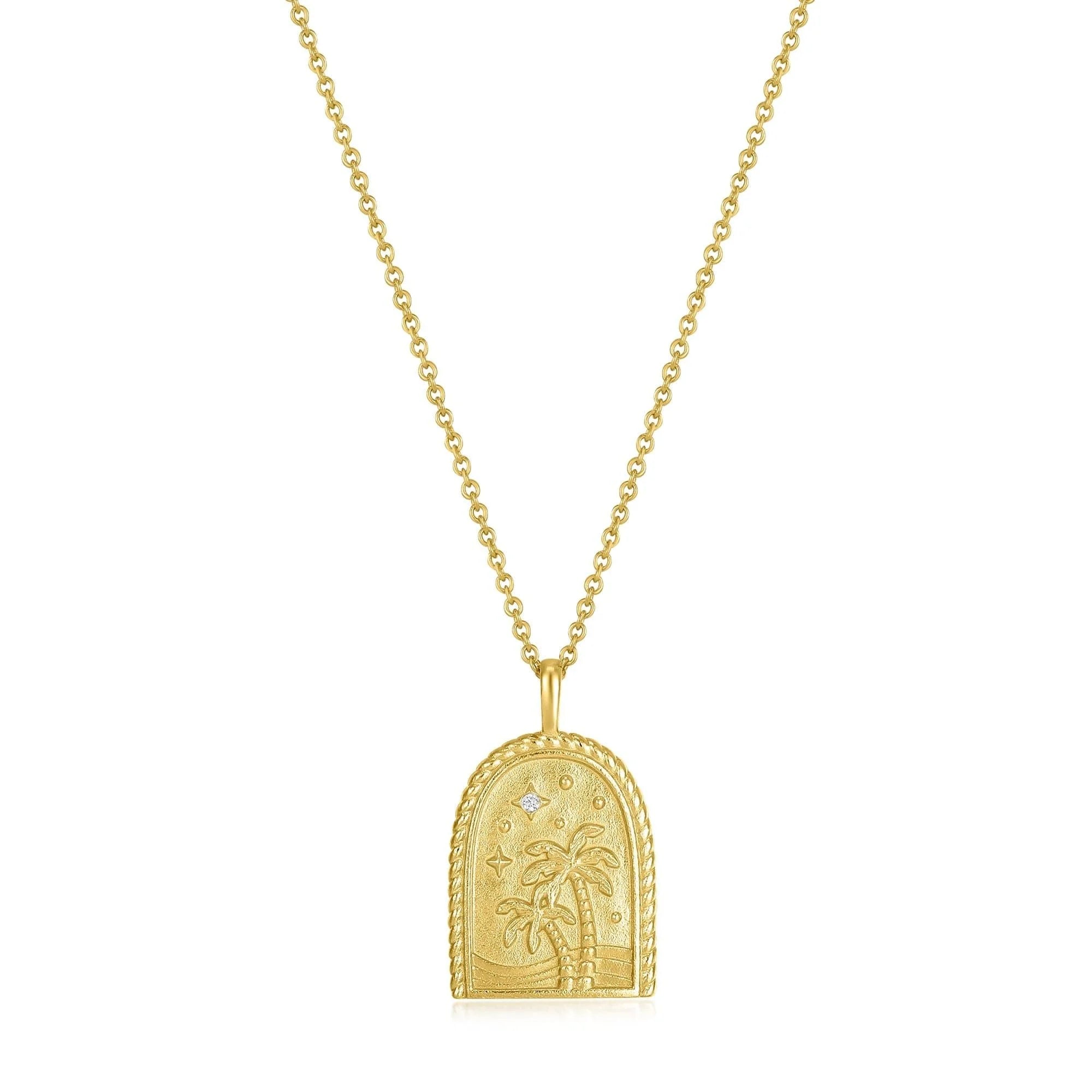 Gold Palm Tree Pendant Necklace with arched pendant featuring stars and palm trees