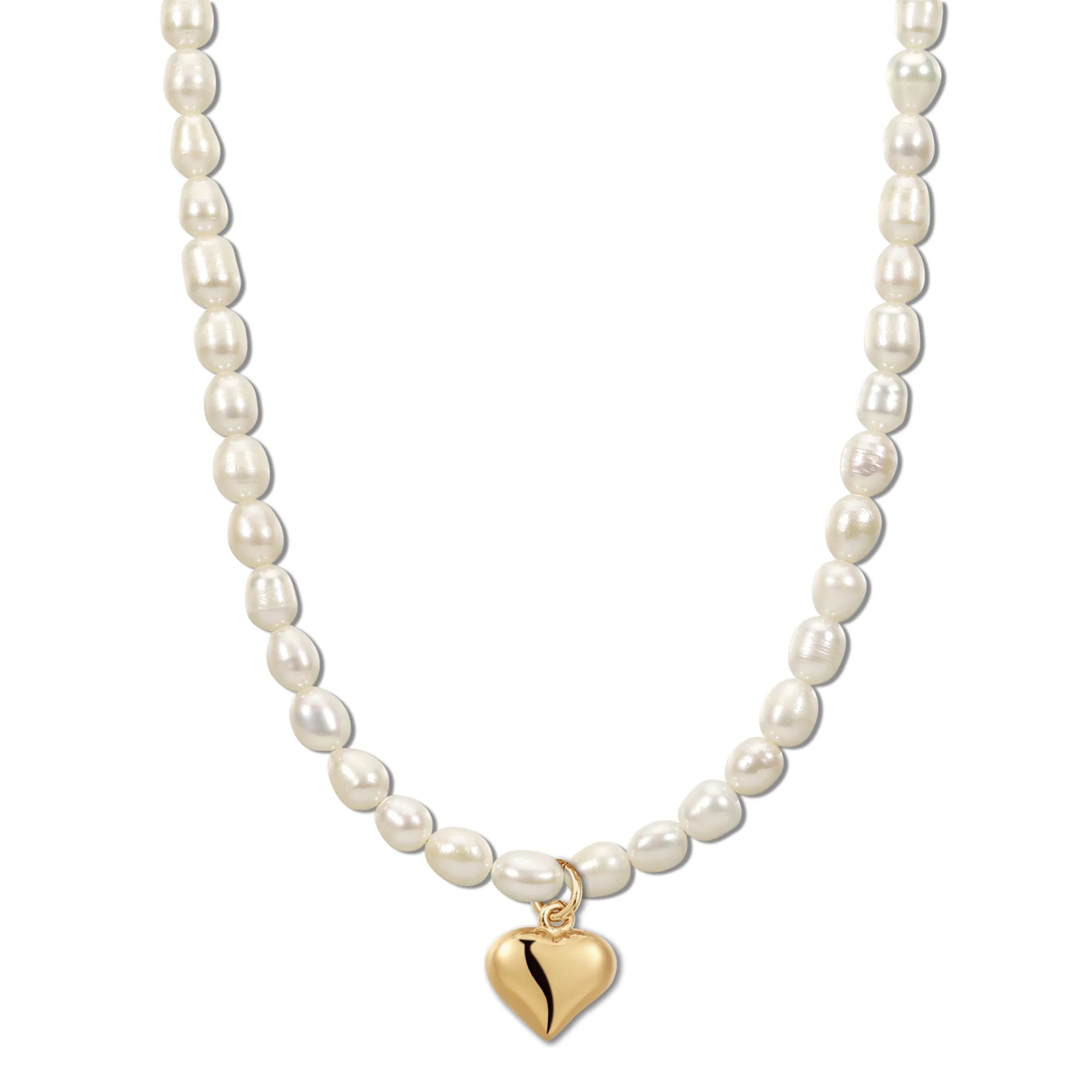 Pearl and Puffy Heart Pendant Necklace with gold heart pendant and lustrous pearls