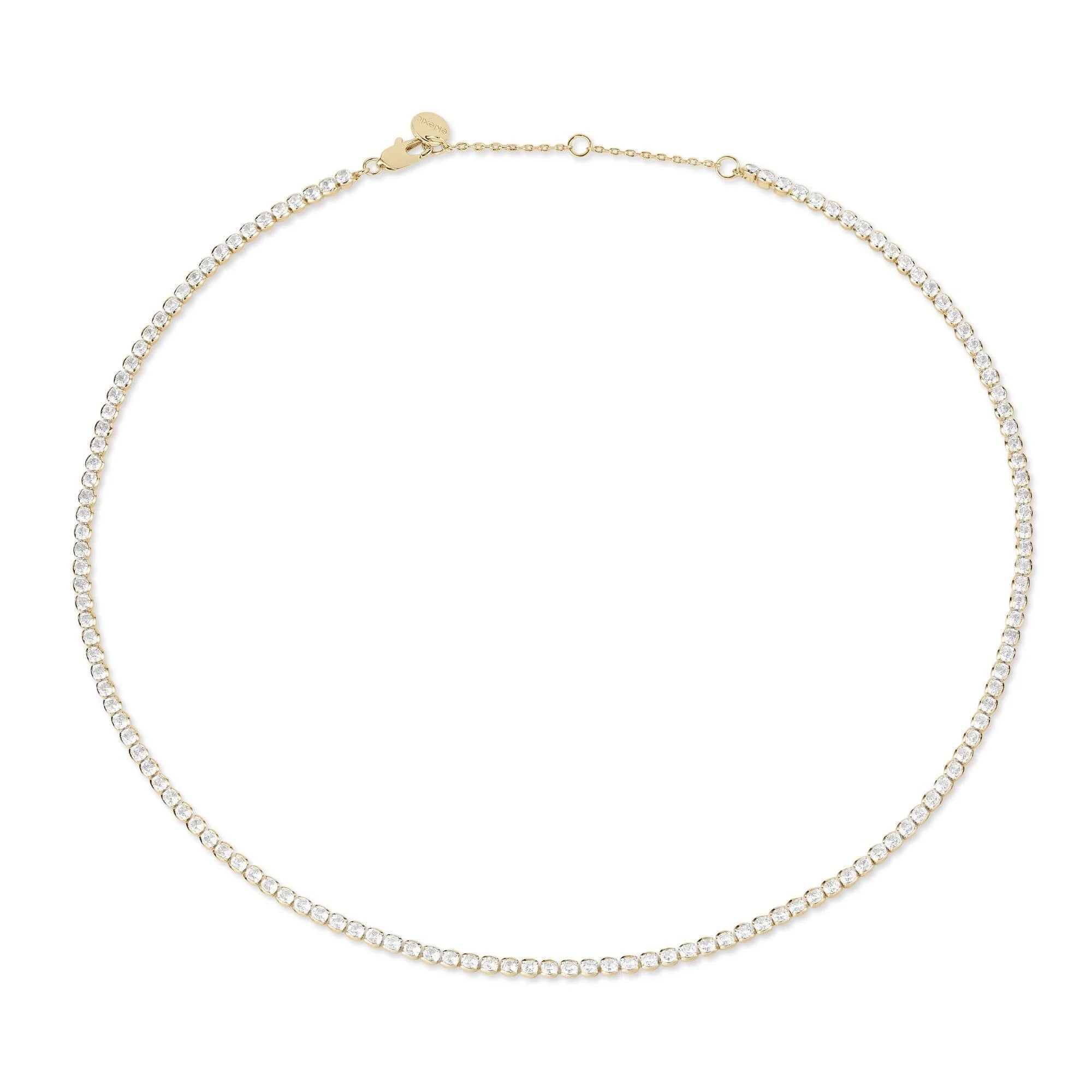 Shiny Gold and Diamond Tennis Necklace on display in the Round CZ Tennis Necklace product shot