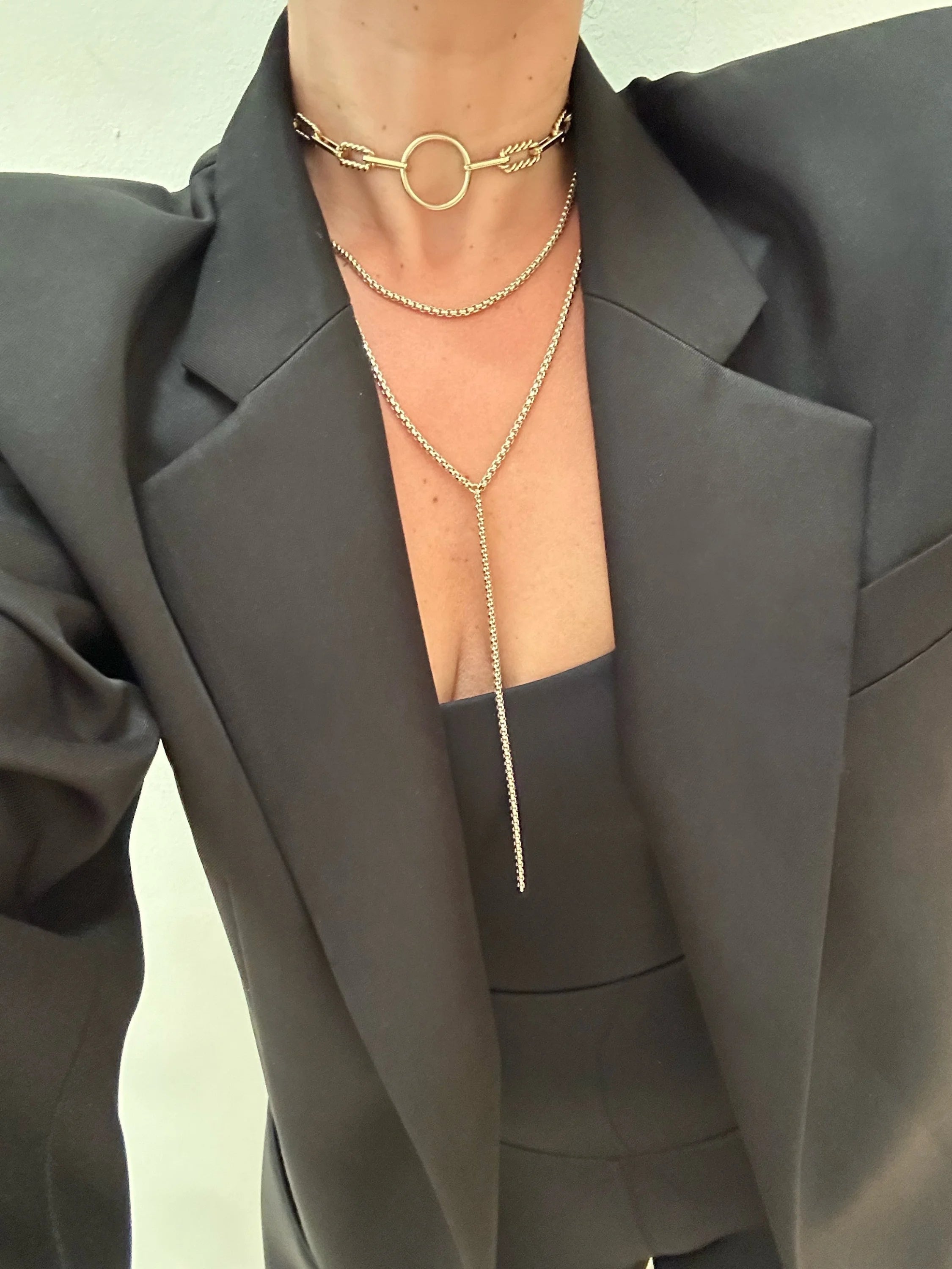 Gold layered necklaces from the Thin Luciana Box Chain Necklace collection