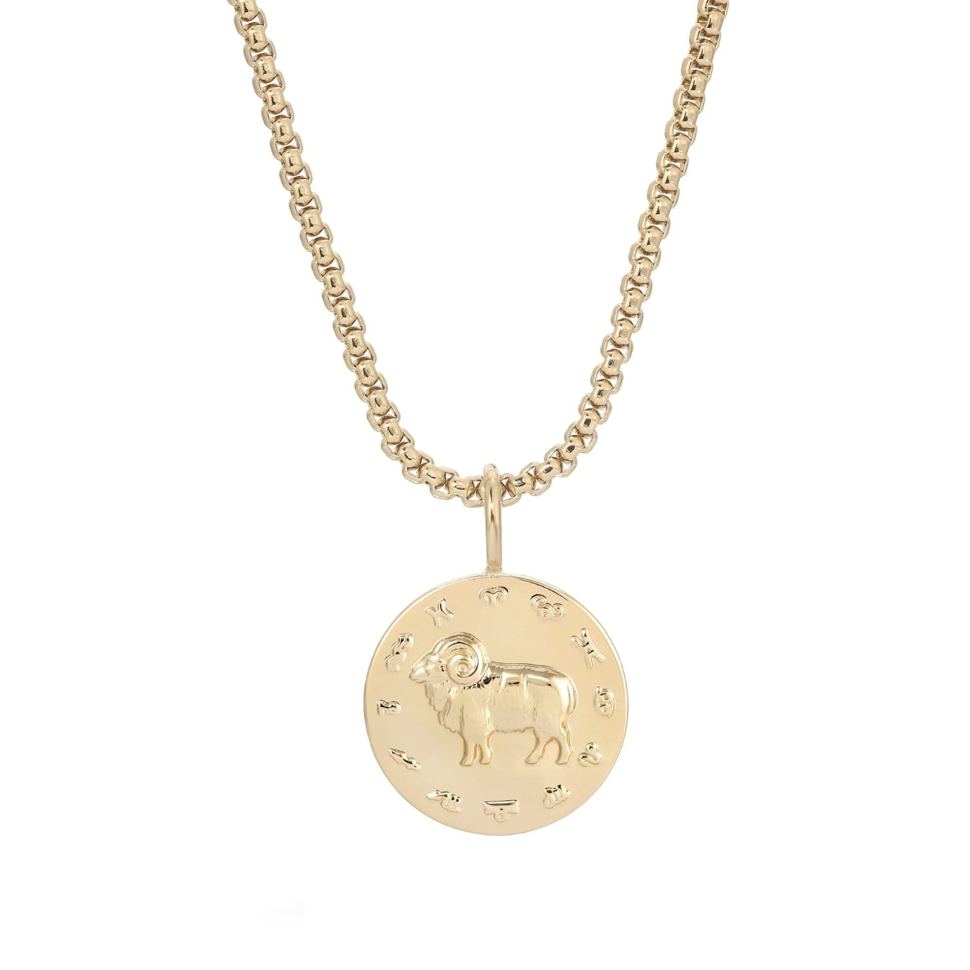 Gold-toned Aries zodiac pendant necklace with thin box chain displayed