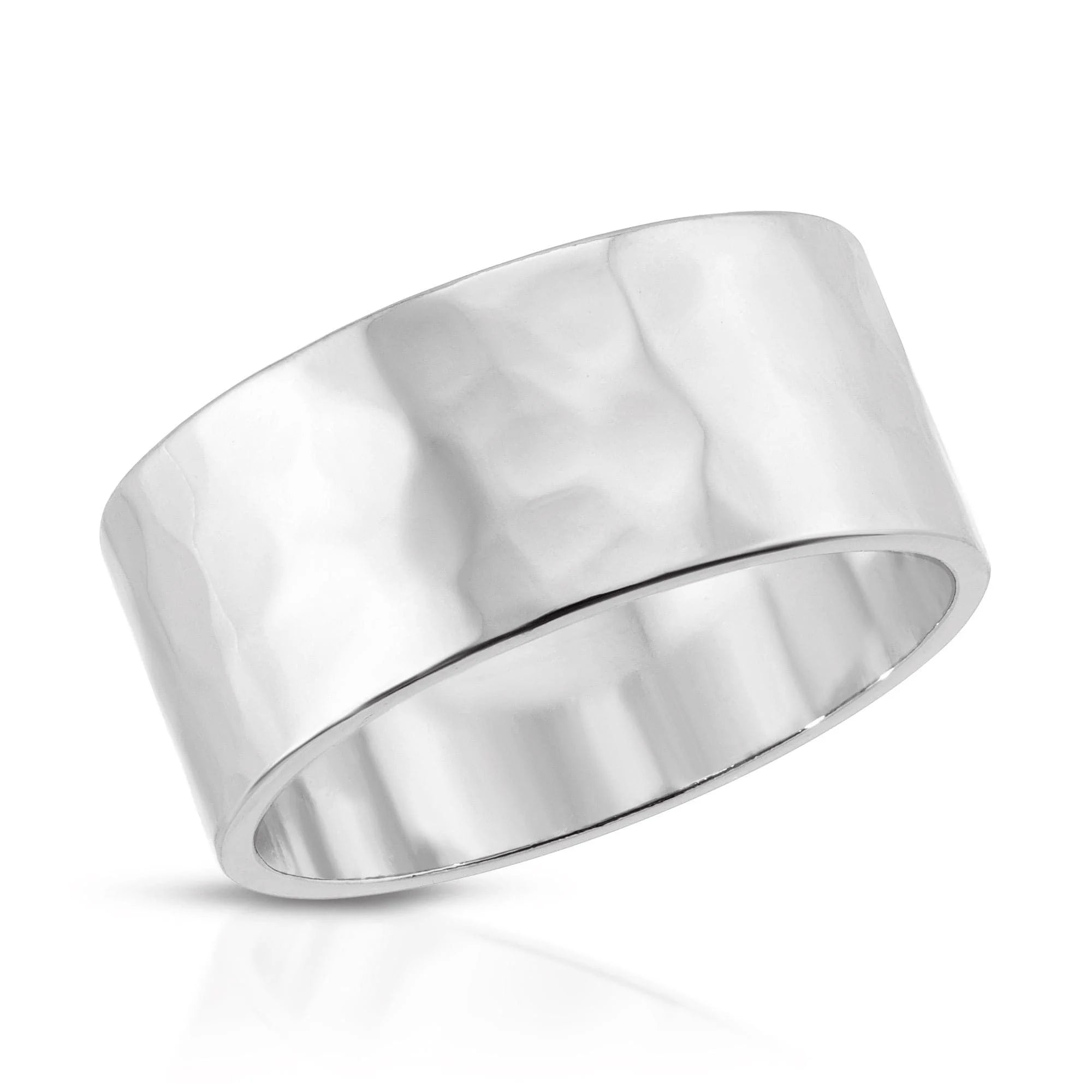 Wide hammered silver ring with a stylish and textured finish perfect for any look