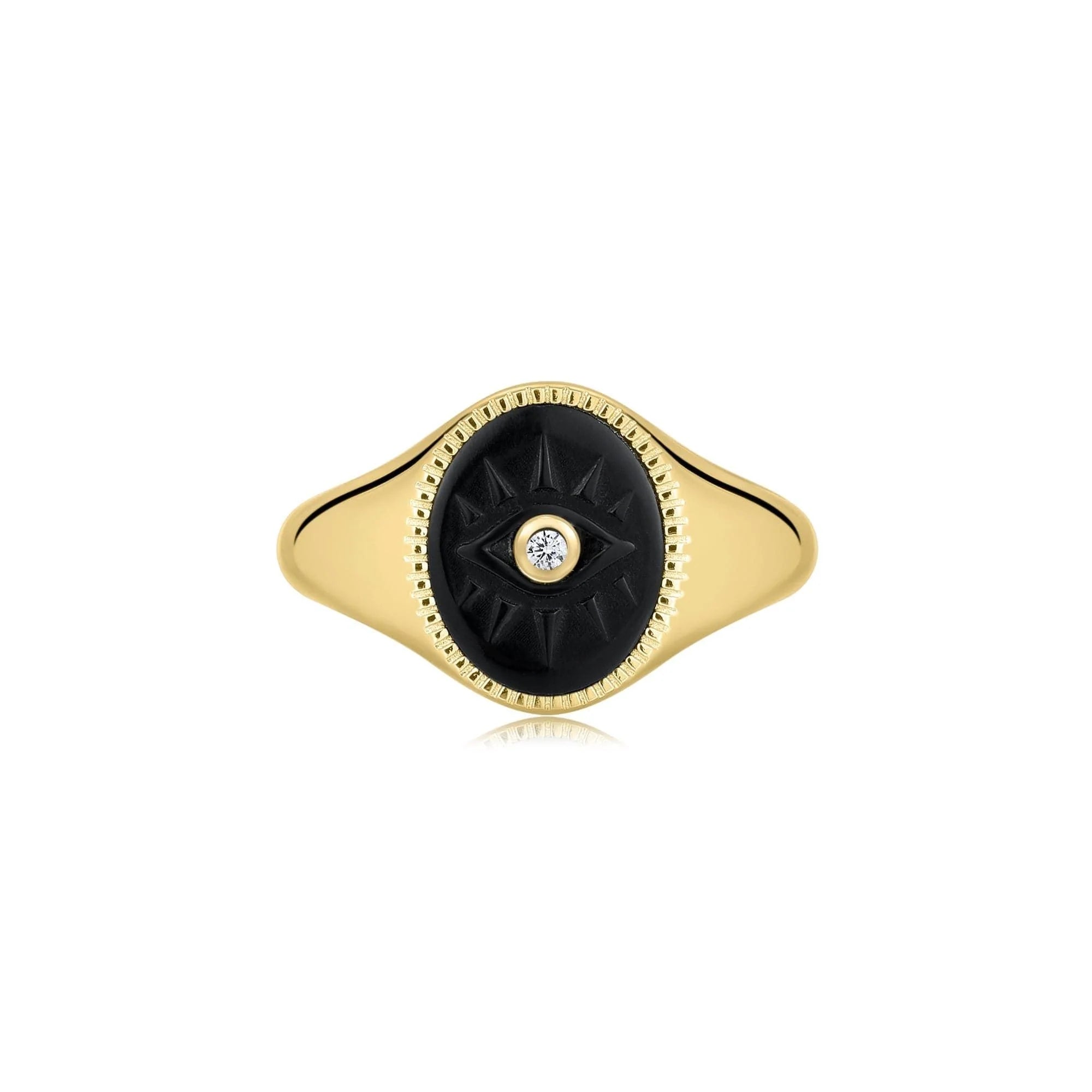 Gold evil eye signet ring with black turquoise and CZ center stone for unique style
