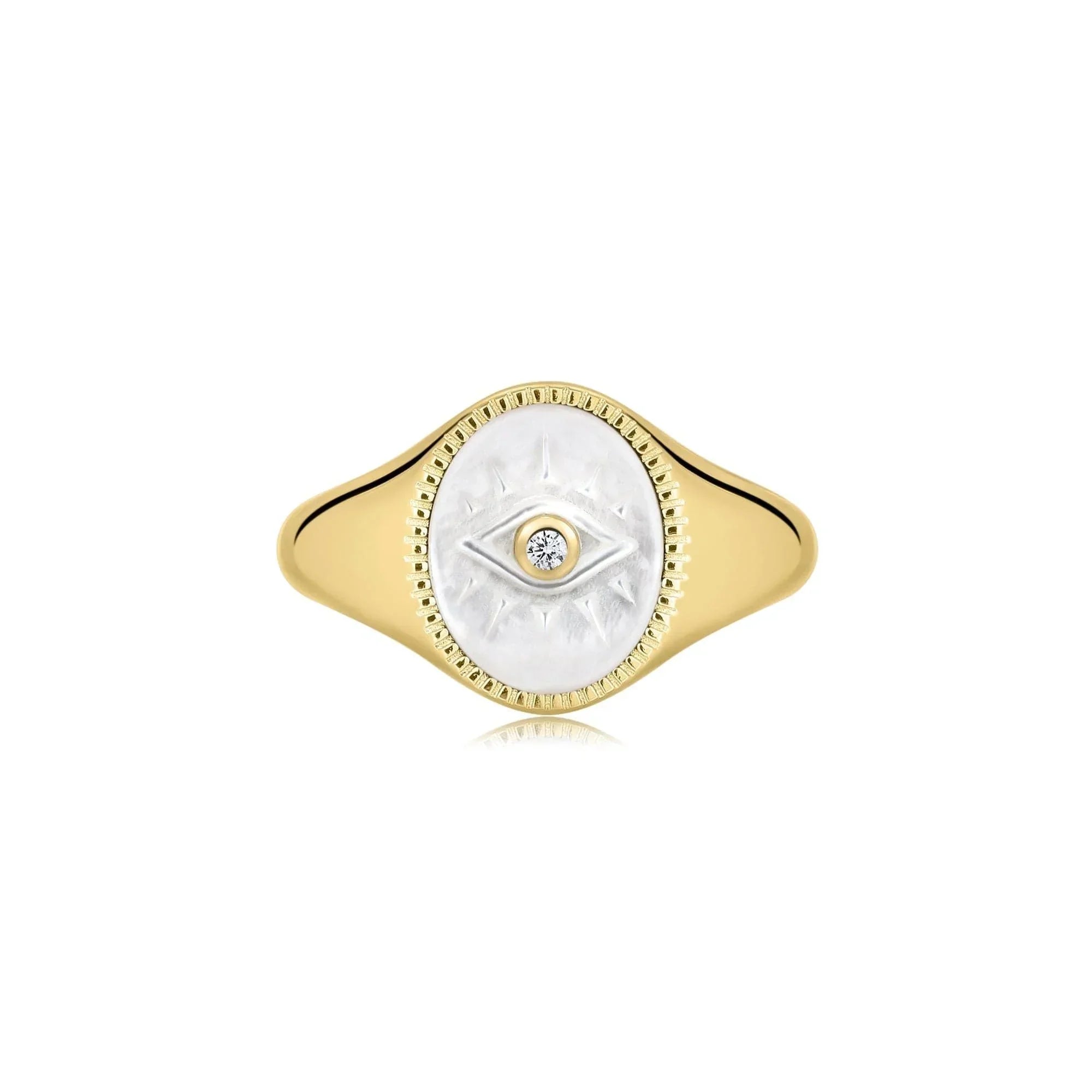 Gold Evil Eye Signet Ring with Mop and CZ Center Stone for a bold look