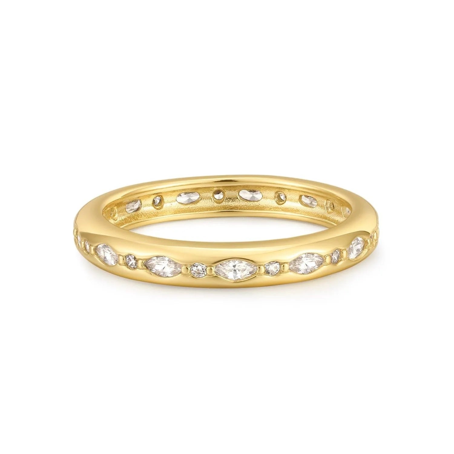 Gold ring with embedded diamonds, stylish Multi Shaped CZ Channel Ring for sparkling looks