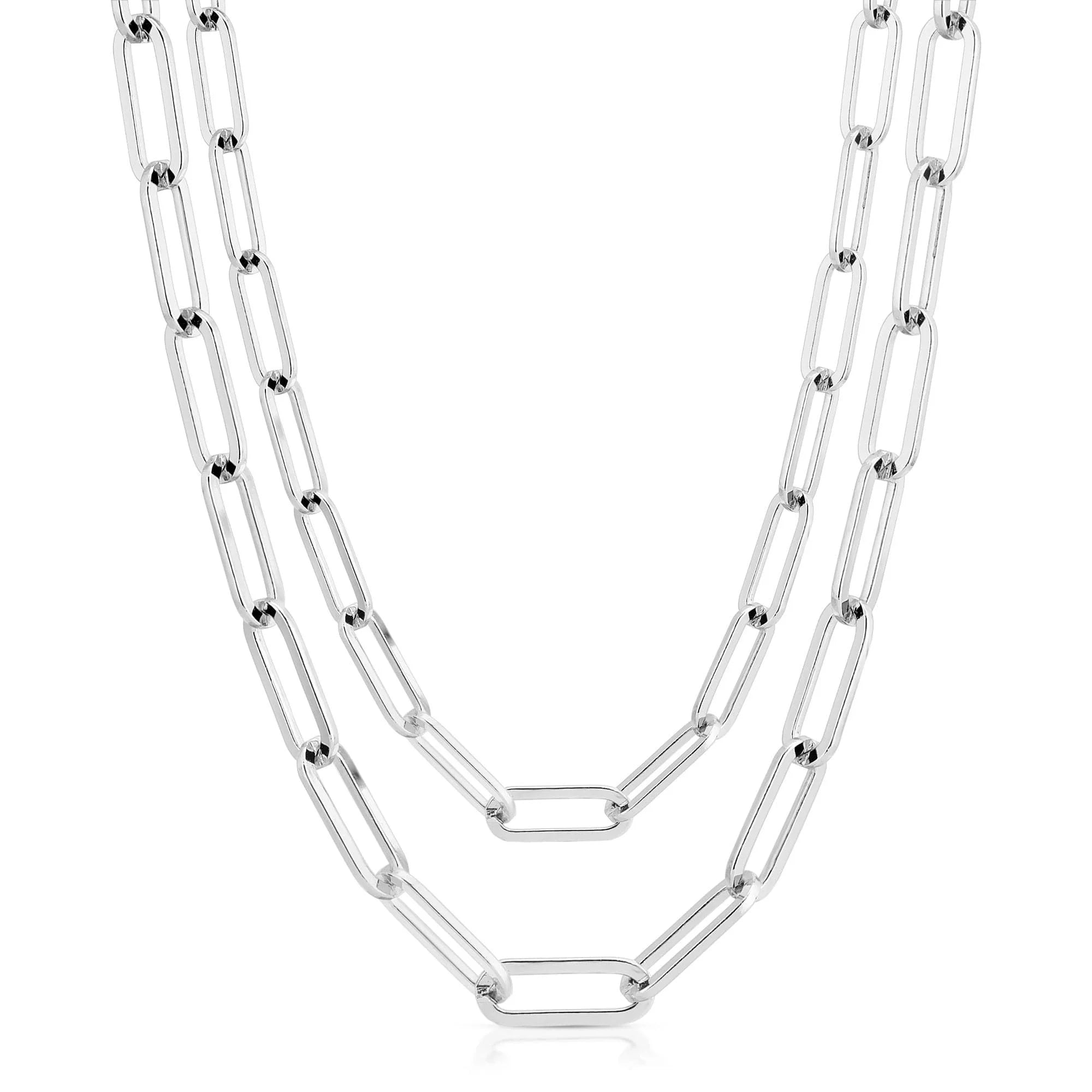 Silver double large elongated link chain necklace with two strands, stylish jewelry accessory