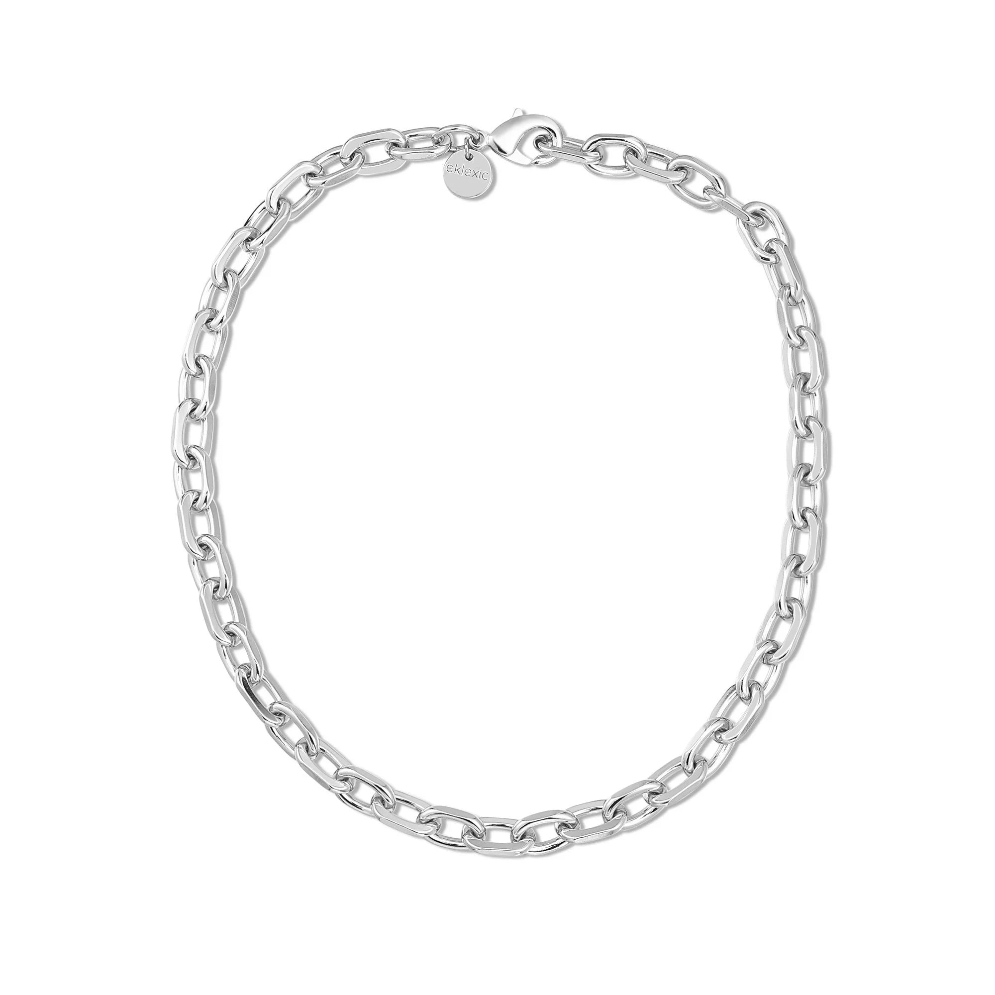 Silver chain-link necklace from the Lennon Necklace collection displayed on a model