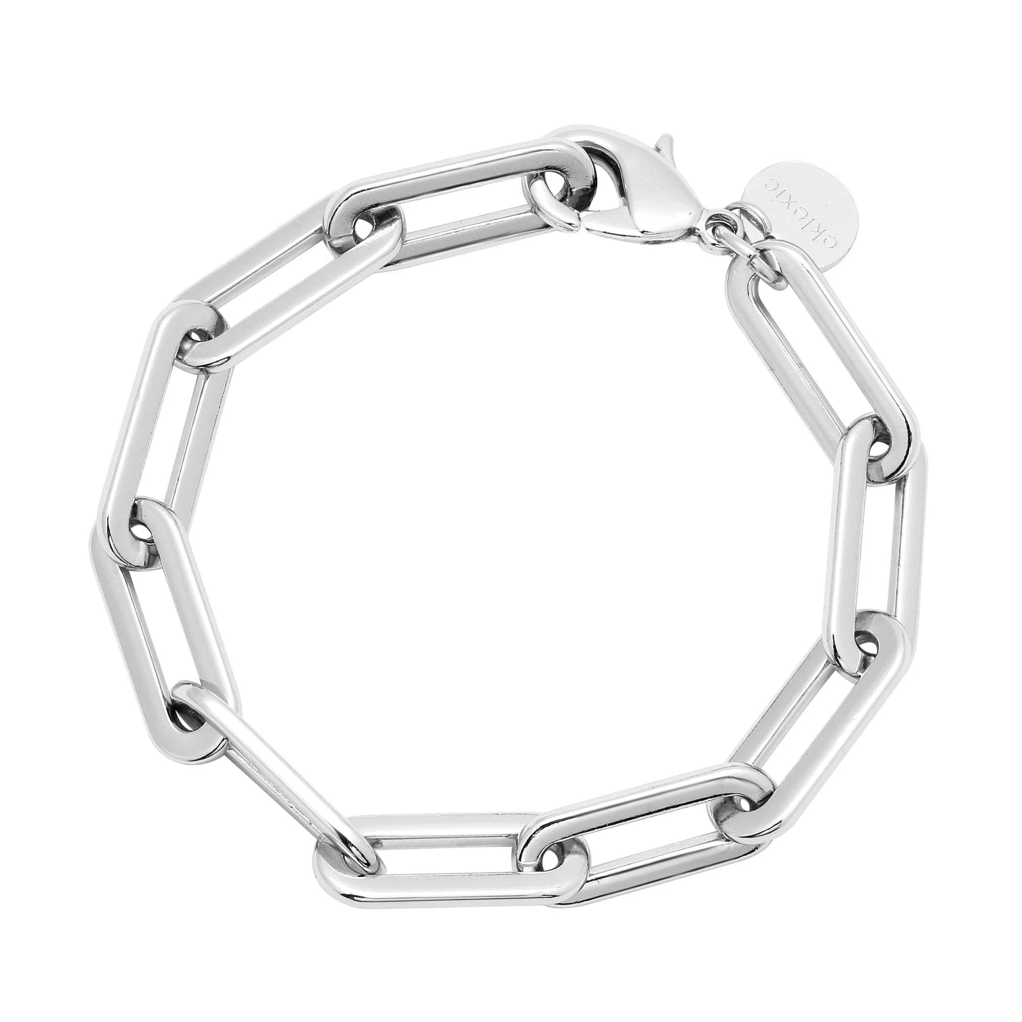 Silver-toned large link chain bracelet with extra large paperclip design in recycled brass