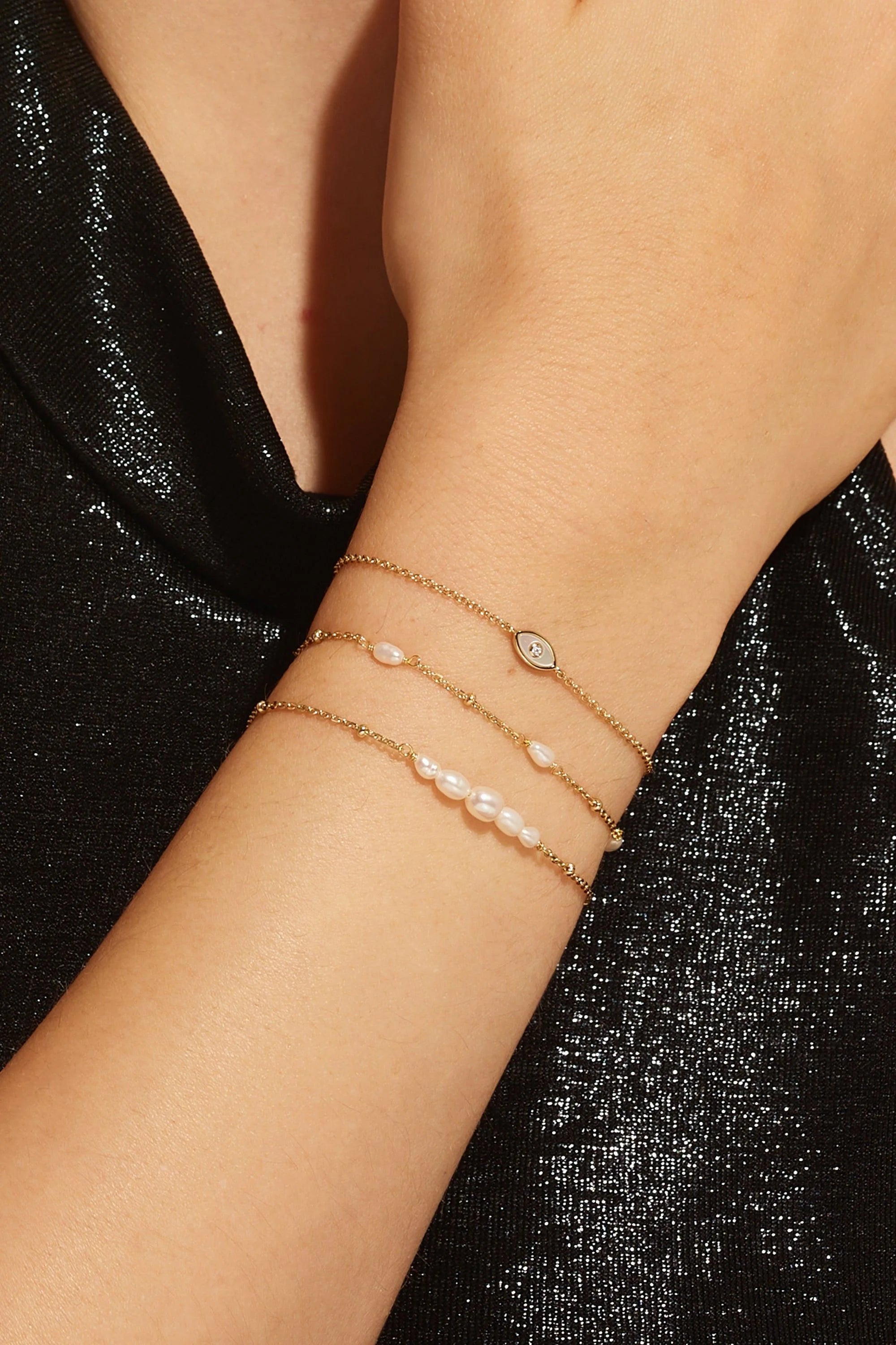 Gold chain bracelets with pearls and gems, 14k gold and sterling silver details