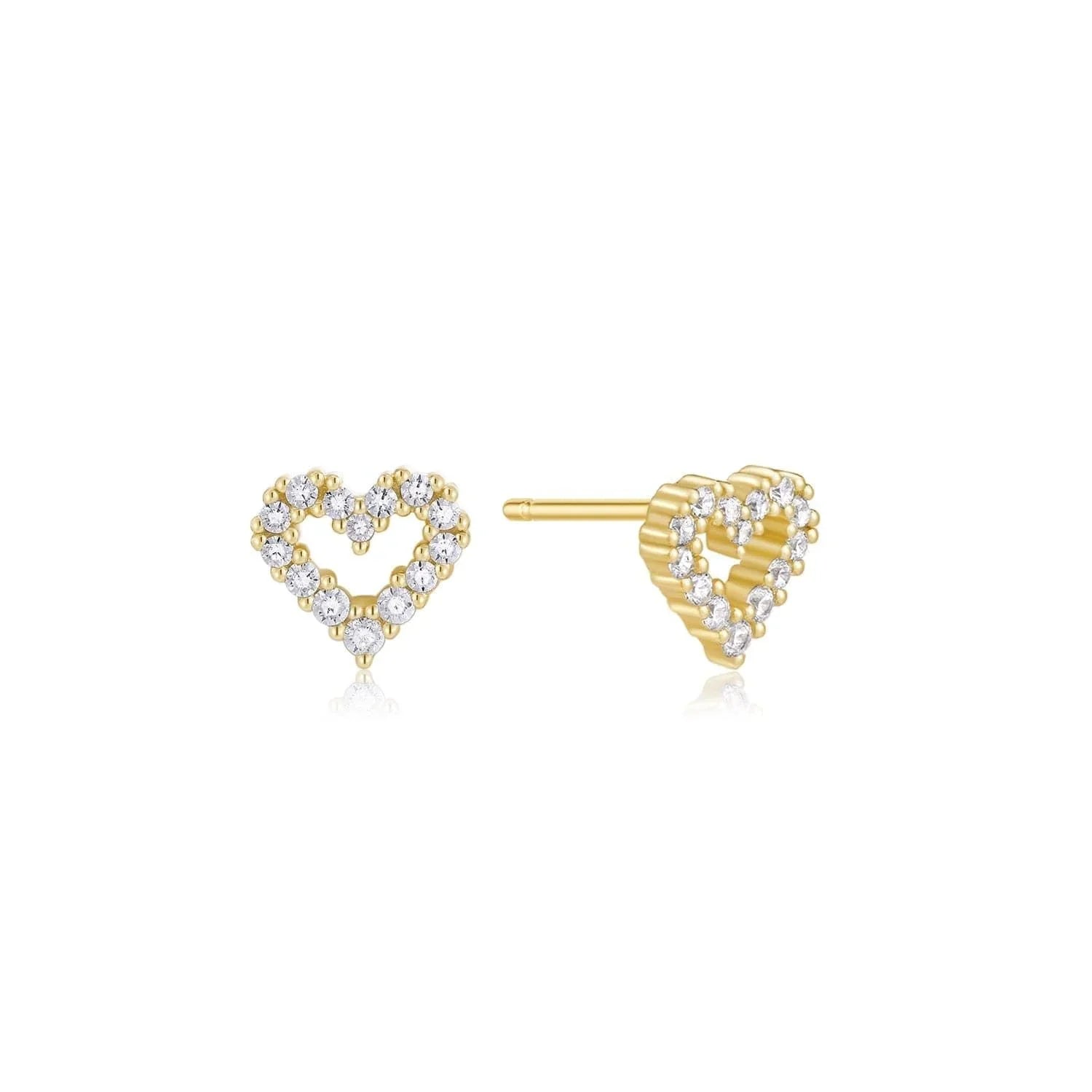 Gold vermeil heart-shaped stud earrings with micro CZ stones, 14k gold vermeil finish