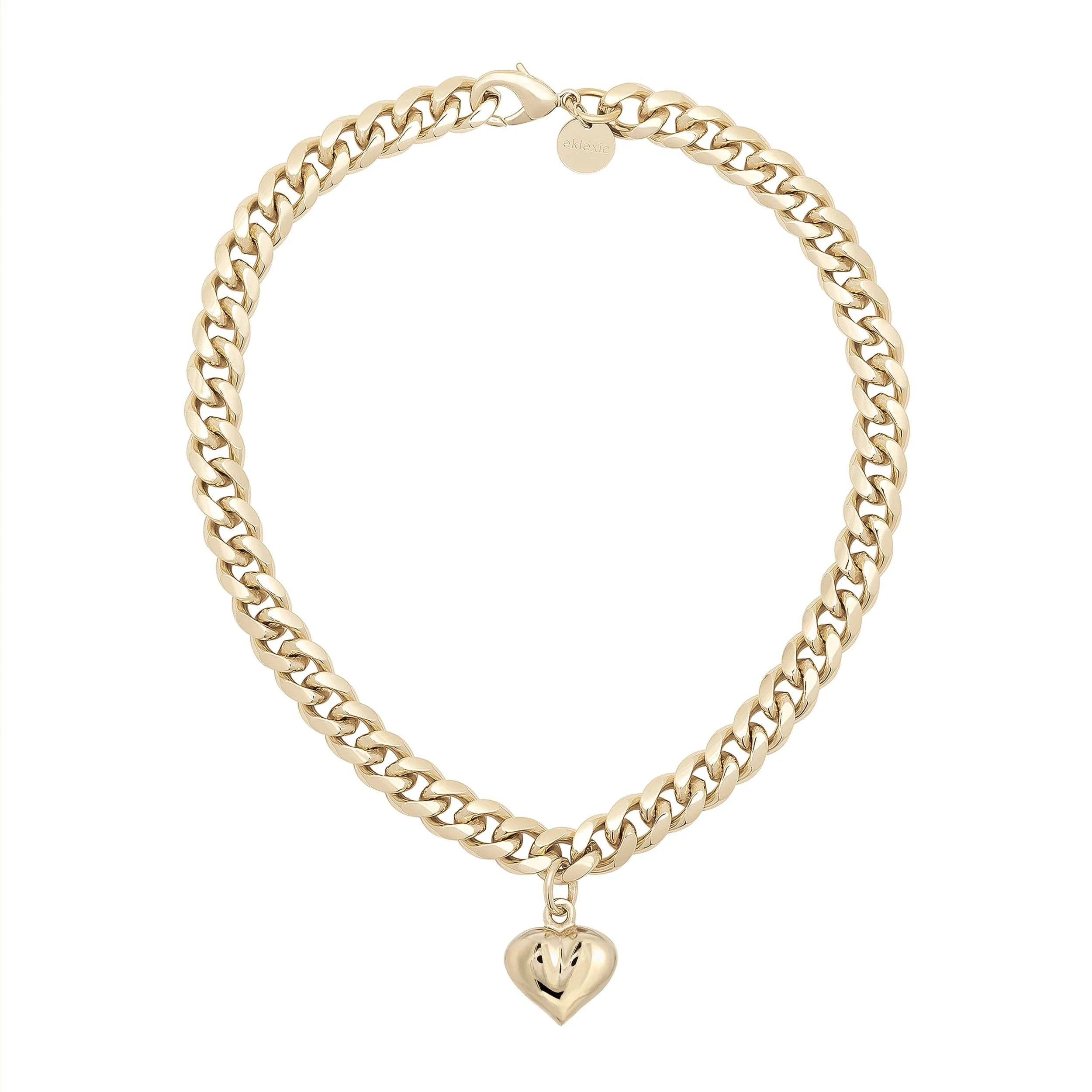 Gold chain necklace with heart pendant, Paola Choker Necklace, rounded Cuban link, recycled brass plating