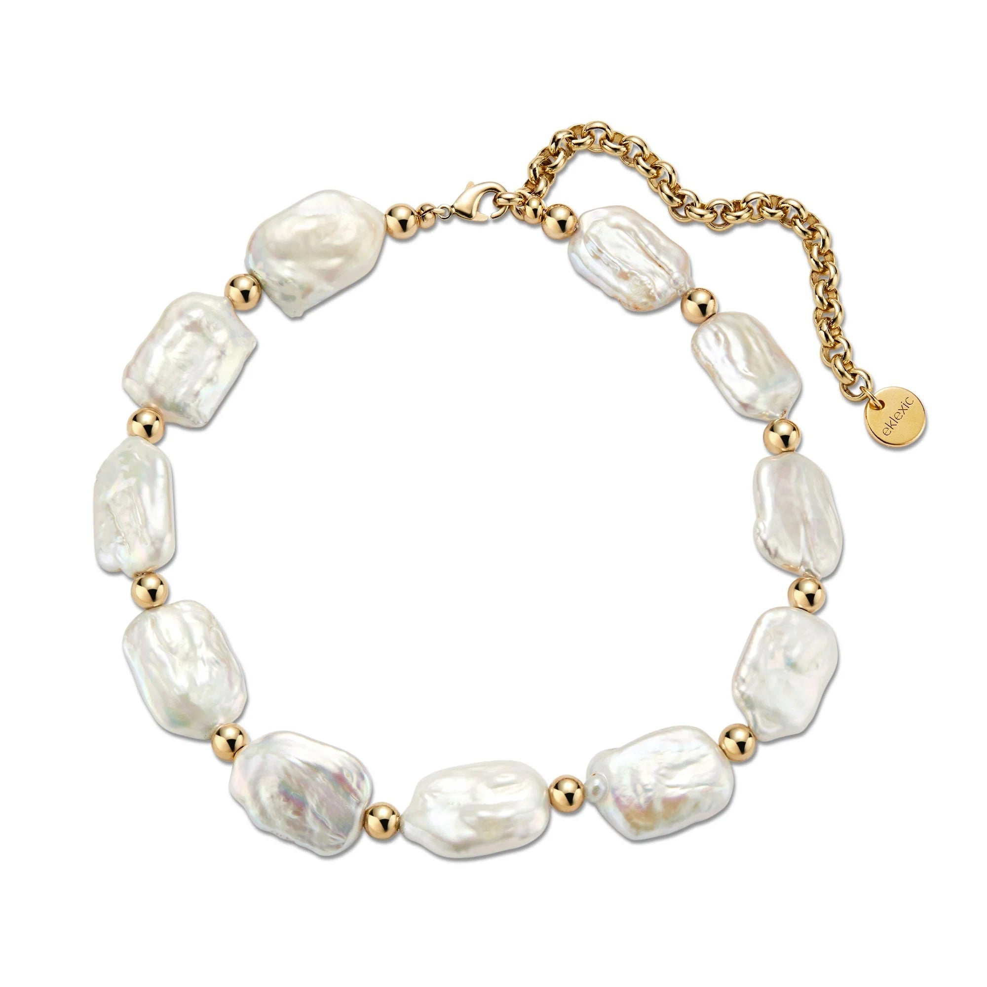 Penn Pearl & Bead Choker Necklace with Freshwater Baroque Square Pearls and Gold Beads