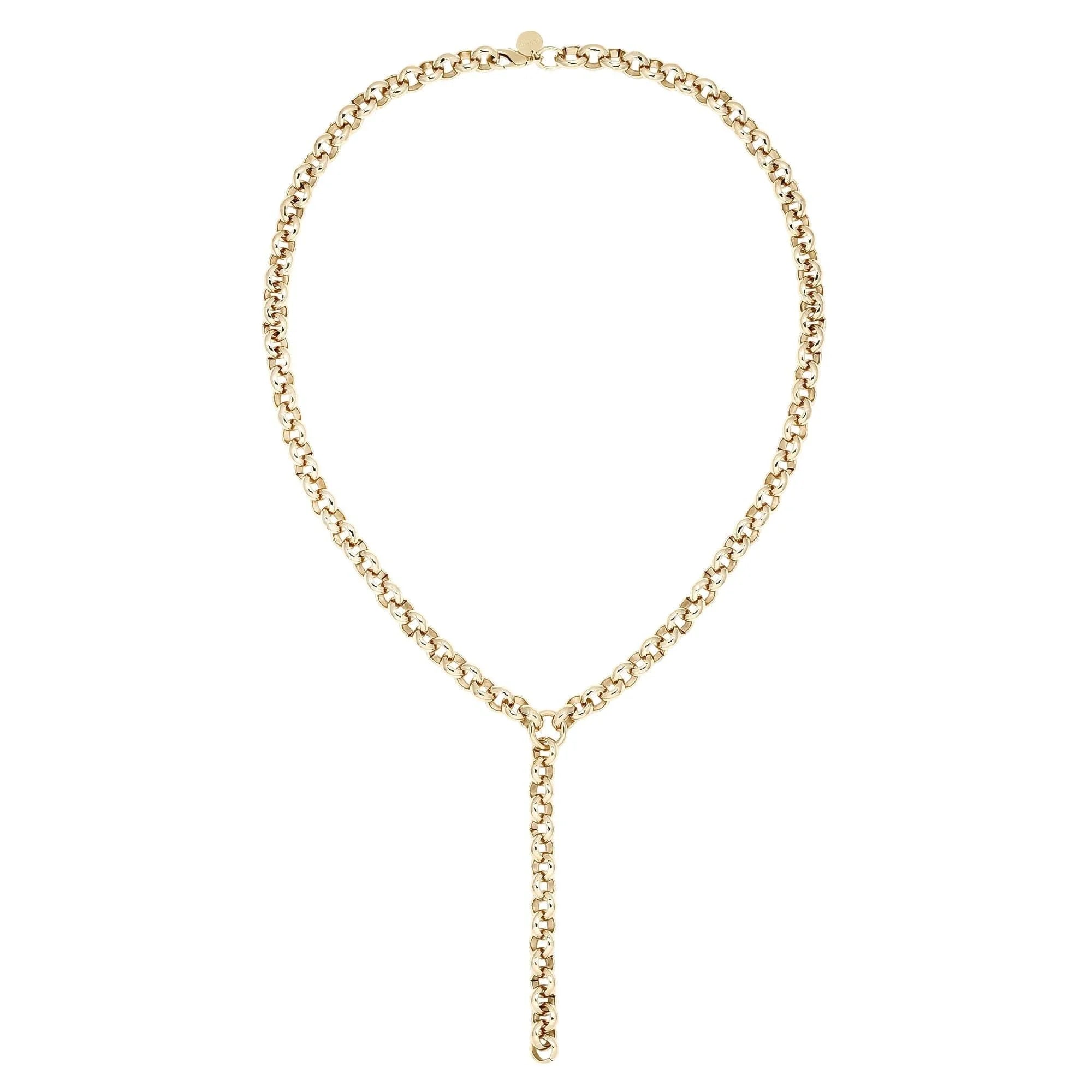 Gold chain Y-necklace displayed in the Royal Rolo Chain Lariat product image