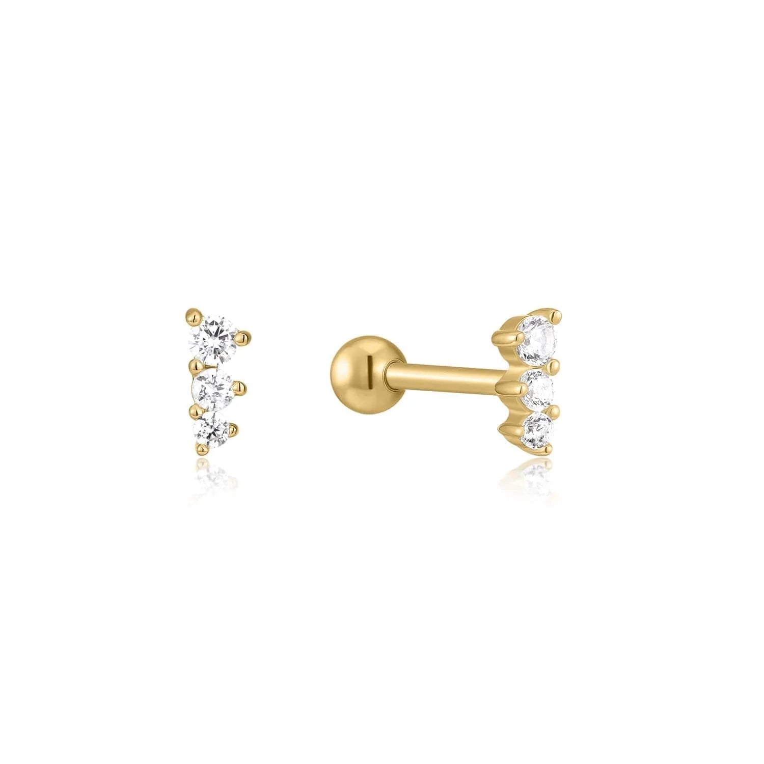 Gold helix earrings with three clear stones in 14k gold vermeil and sterling silver finishes