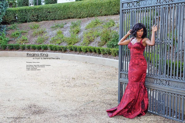 Regina King wears eklexic elegant red mermaid gown in Regard Magazine February 2015.