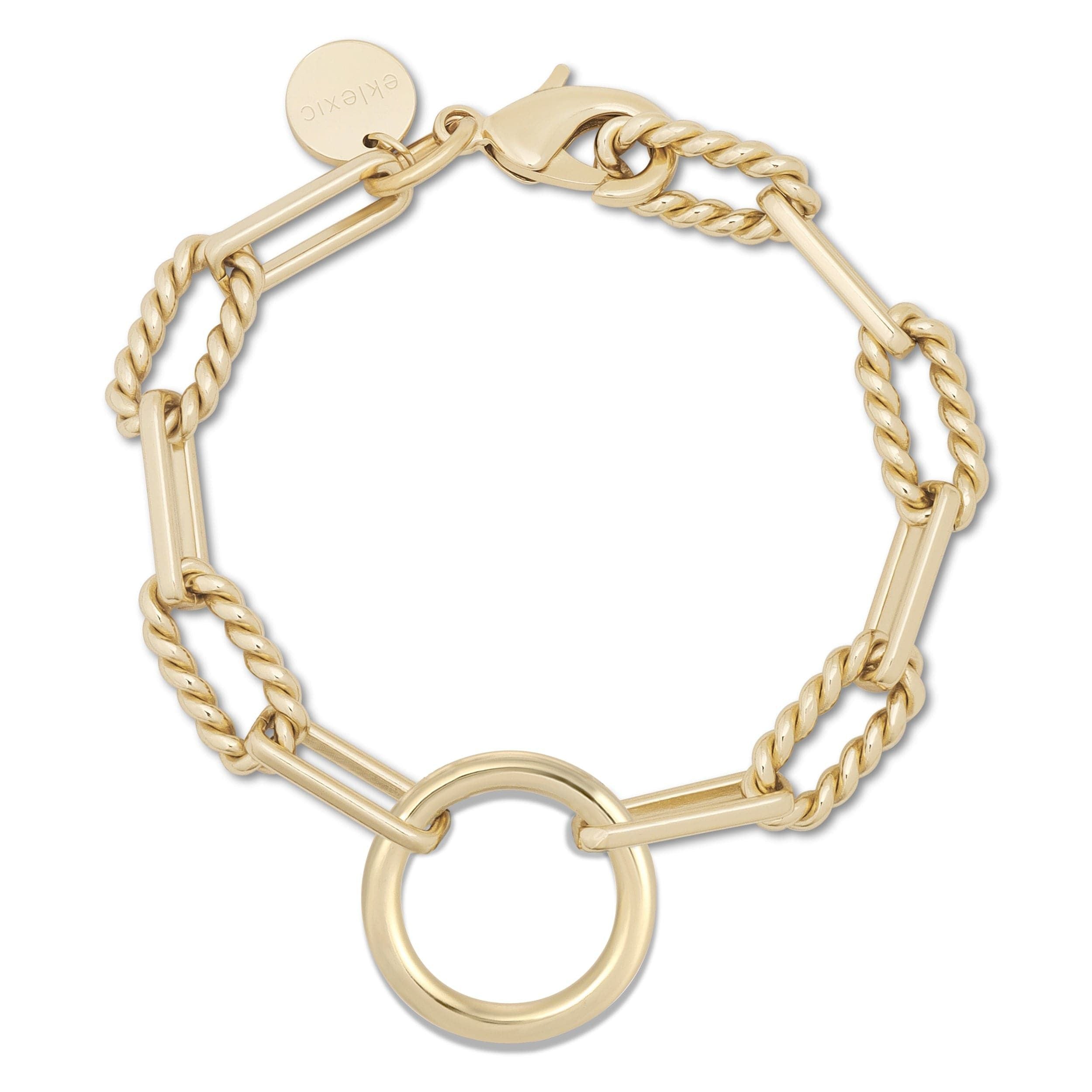 Gold-toned Eliza Bracelet features twisted link design and a circular pendant in recycled brass